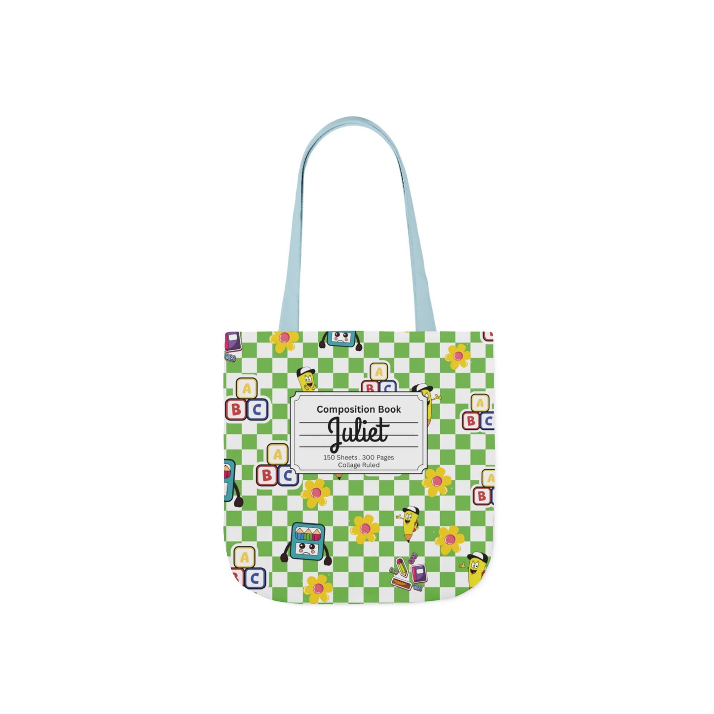 Personalized Green Schoolyard Chic Composition Book Inspired Canvas Tote Bag with Colorful Straps, Cute School Bag, Eco-Friendly Tote, Back to School Shopping Bag, Teacher Gift Idea