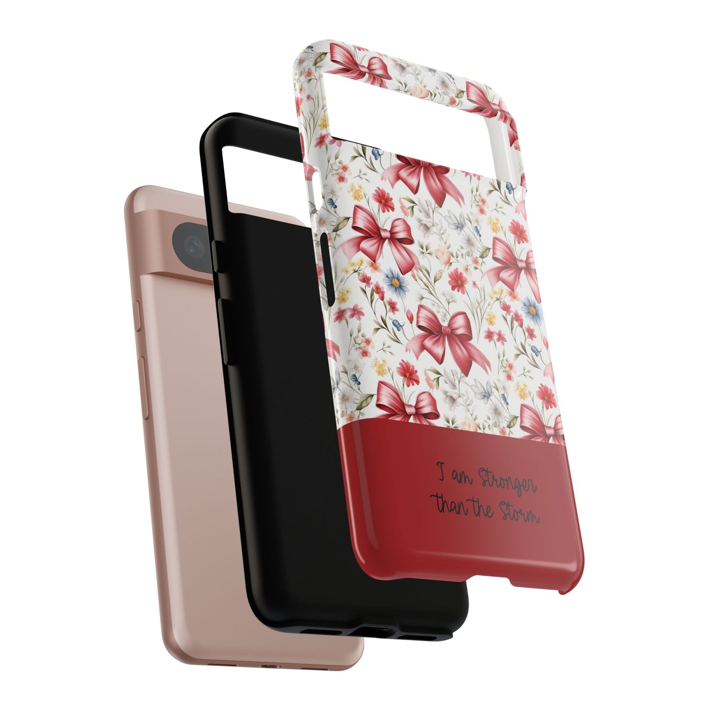 Personalized Rosette Coquette Phone Case - Custom Name/Message 'I Am Stronger Than The Storm' Floral Bow Protective Case