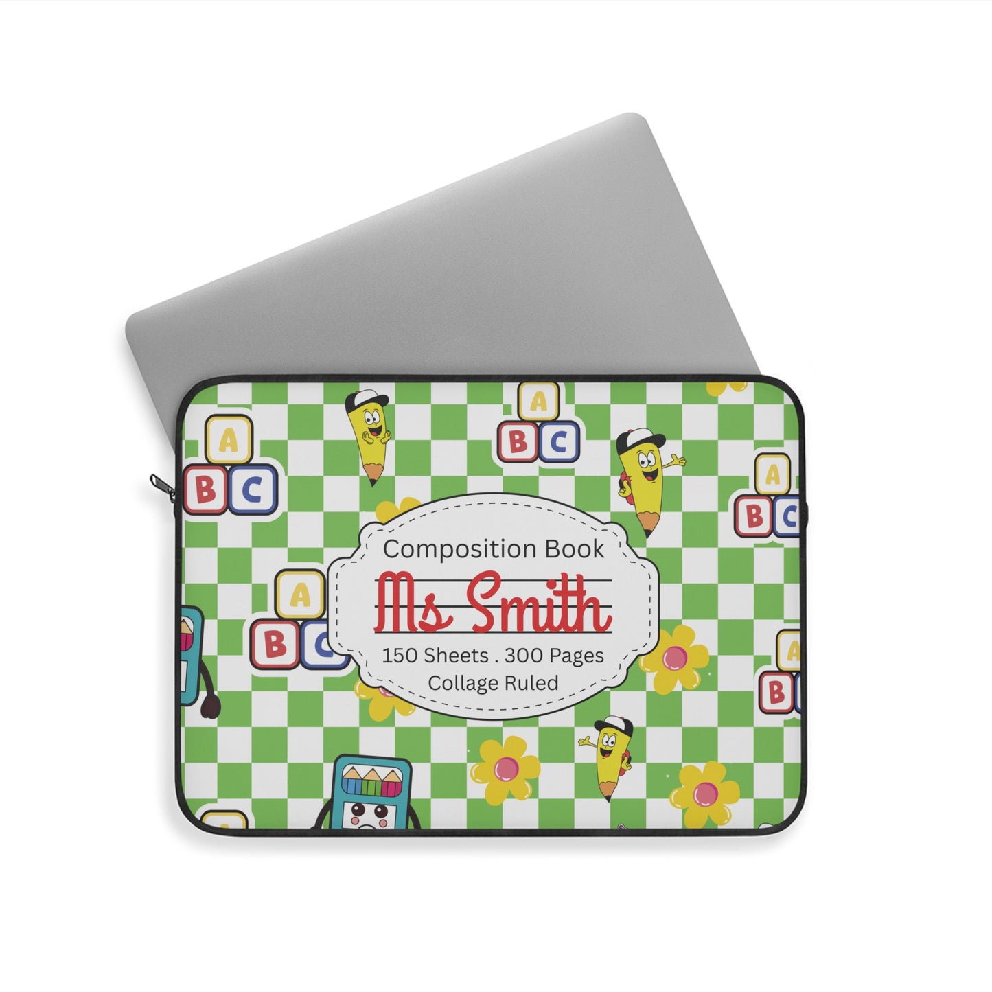 Personalized Green SchoolYard Chic Laptop Sleeve with Composition Book Inspired Design, Educational Gift for Teachers, Classroom Organization, Back to School, Unique Teacher Accessory