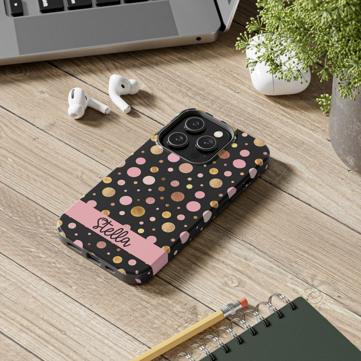 Personalized Gold & Pink Confetti Tough Phone Case — Glitter Dot Protective Phone Cover