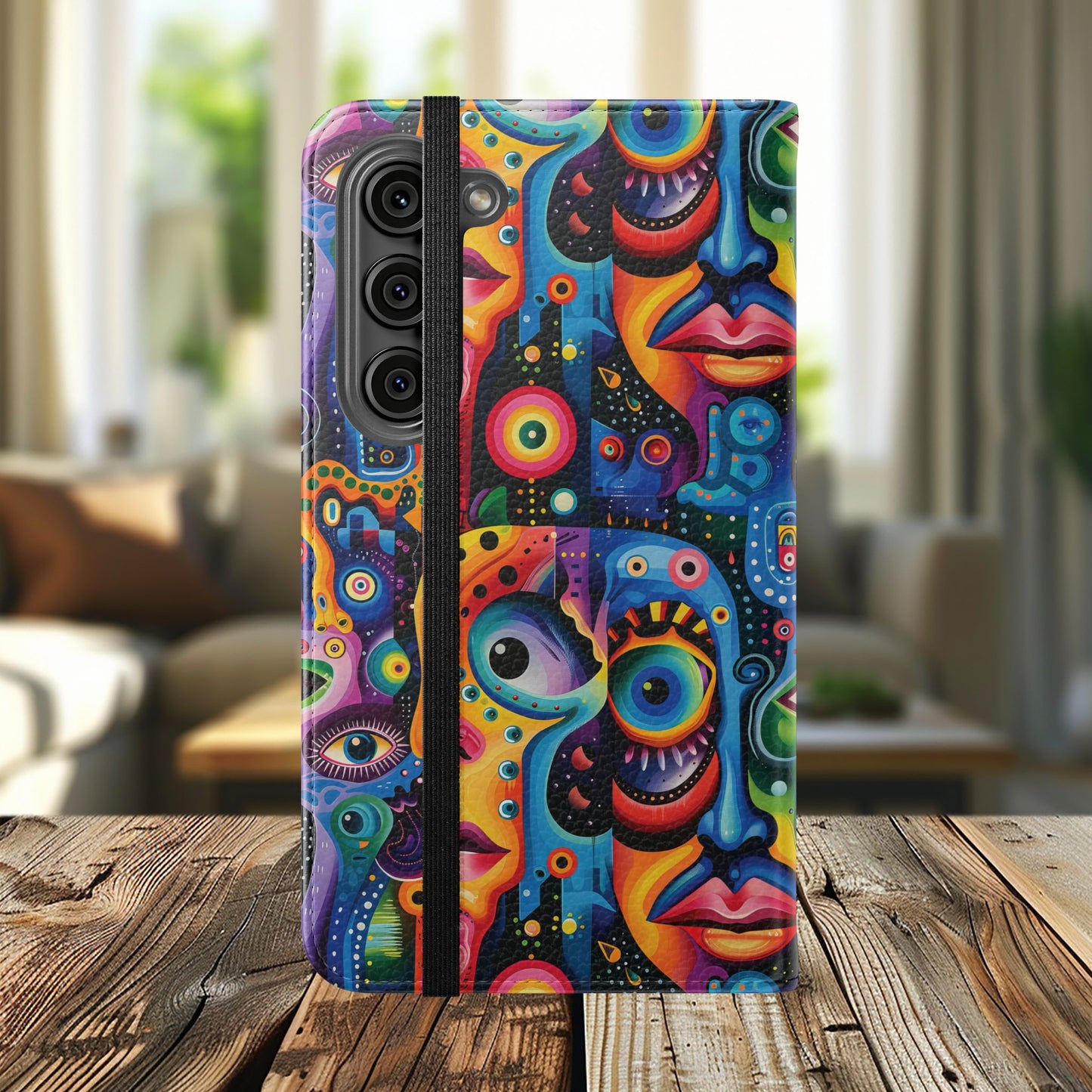 Psychedelic Visions Vibrant Art Flip iPhone and Samsung Phone Case - Colorful Faces Design for Phone Protection