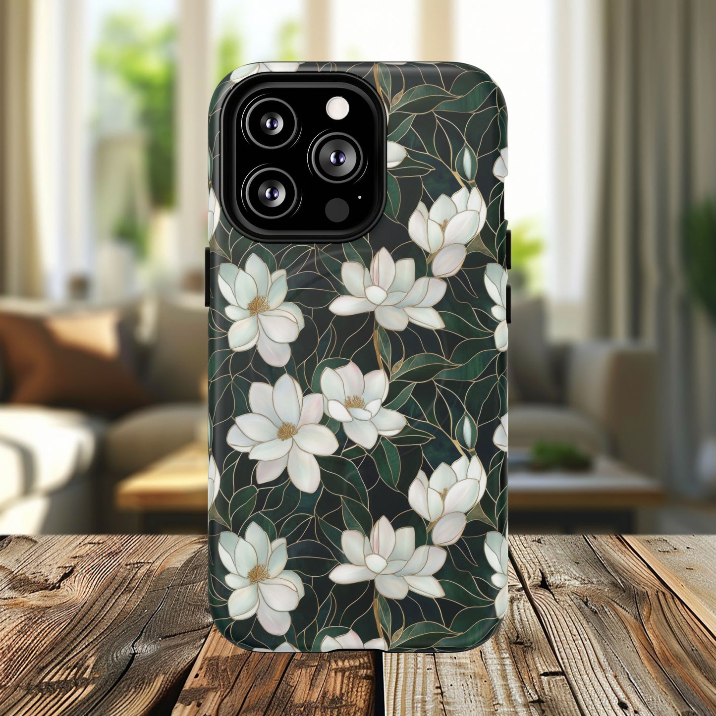 Midnight Magnolia Tough iPhone Magnetic Case, Stylish Stained Glass iPhone Protection, Nature Lover Gift, Spring Vibes