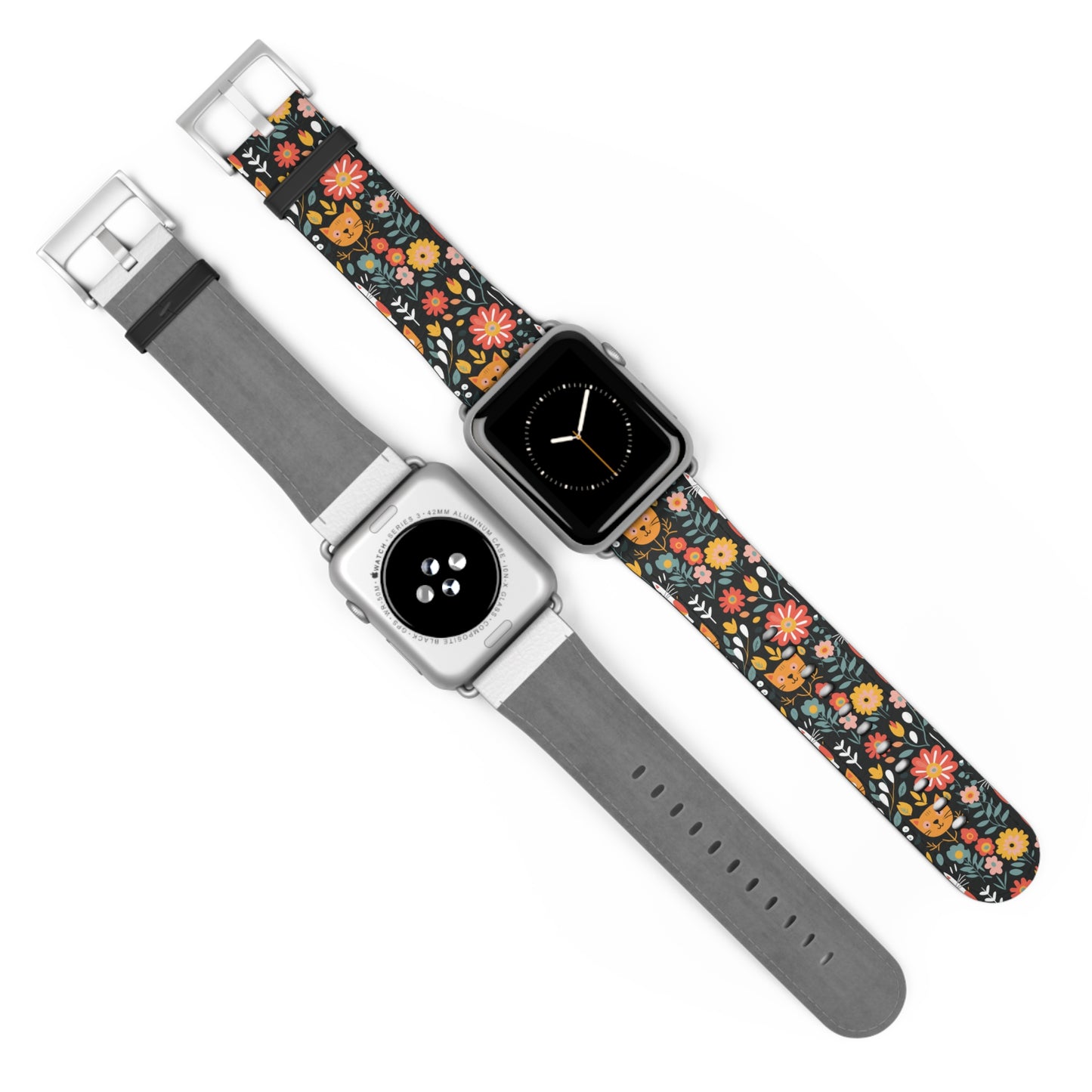 Whimsical Feline Garden Print Watch Band for Apple Watch - Cute Animal Design.