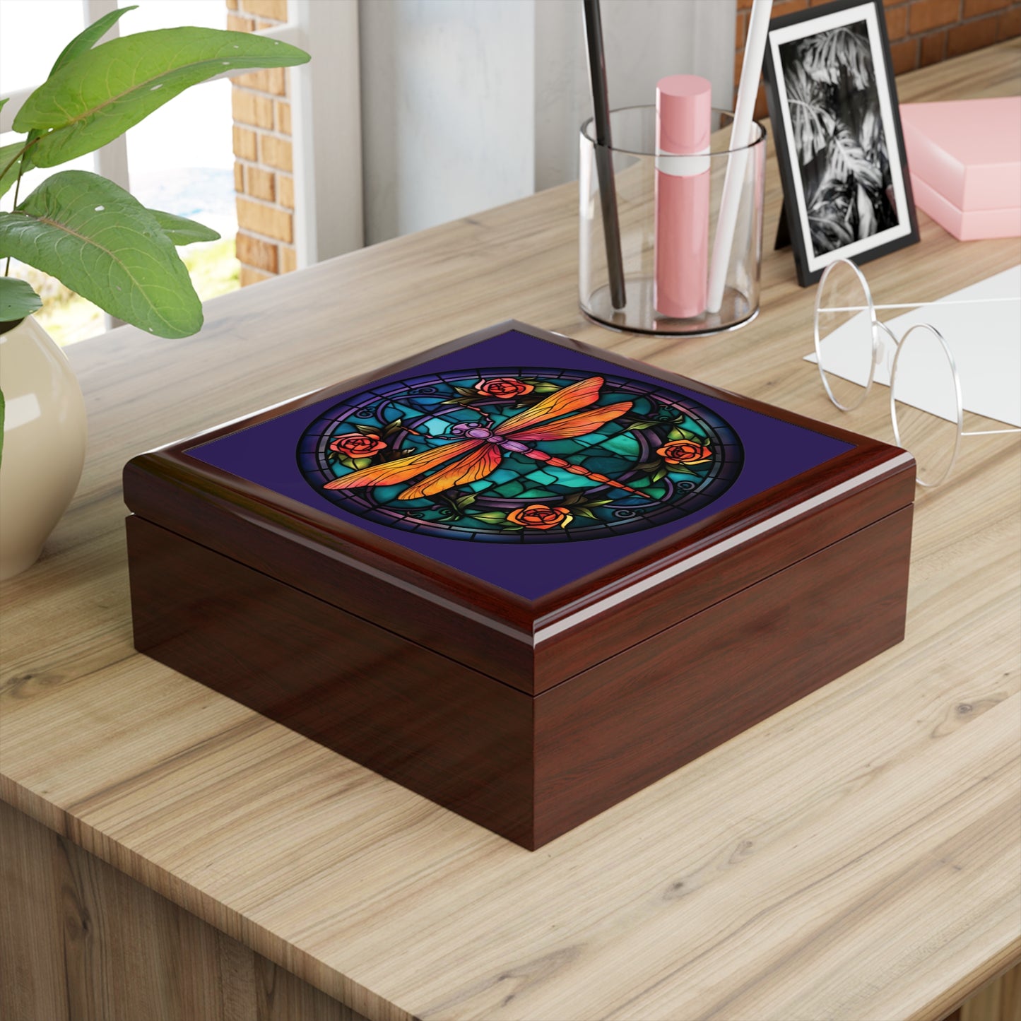 Stained Glass Dragonfly Jewelry Box — Floral Keepsake Box