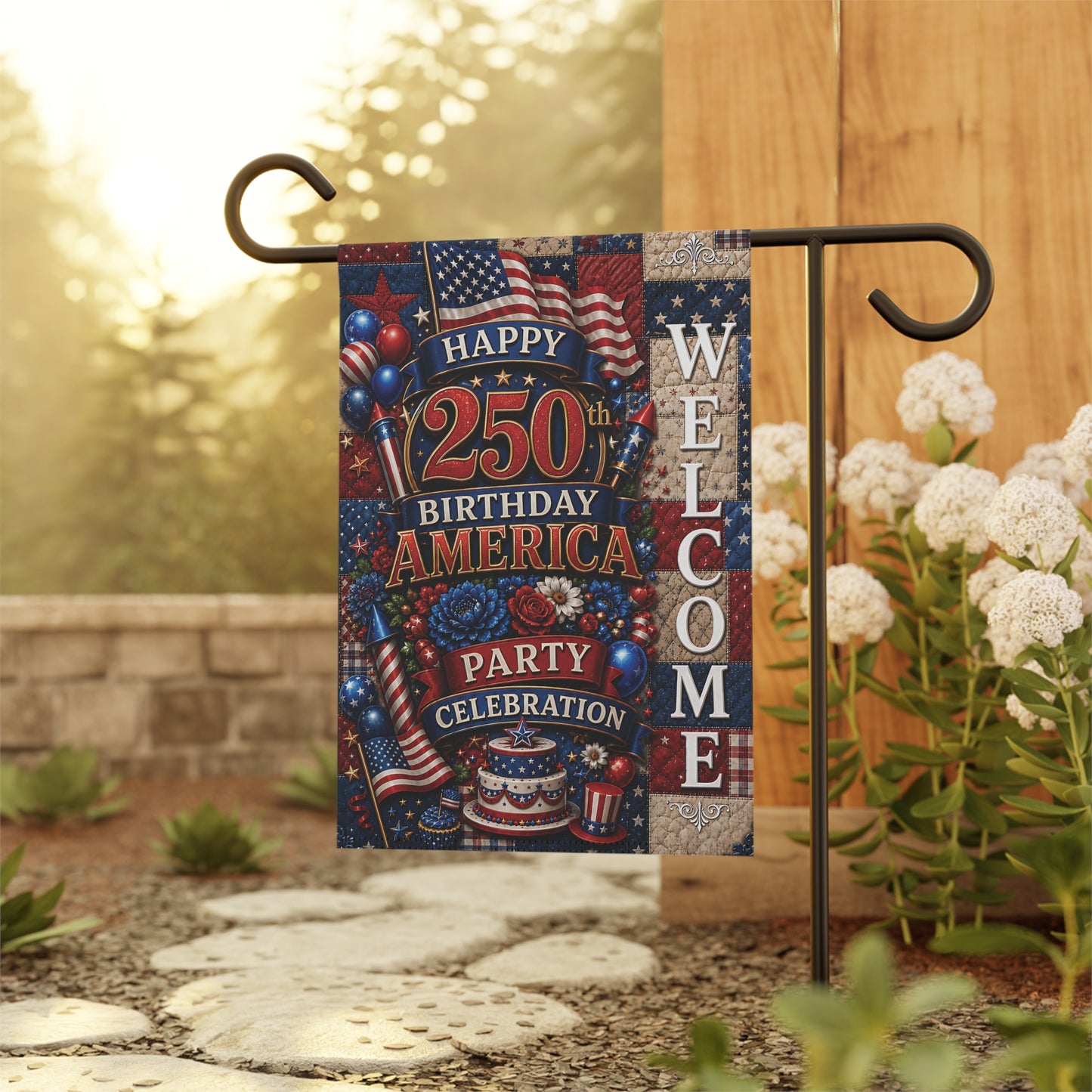 Welcome 250th Birthday America Garden Flag — Patriotic Party Celebration Banner