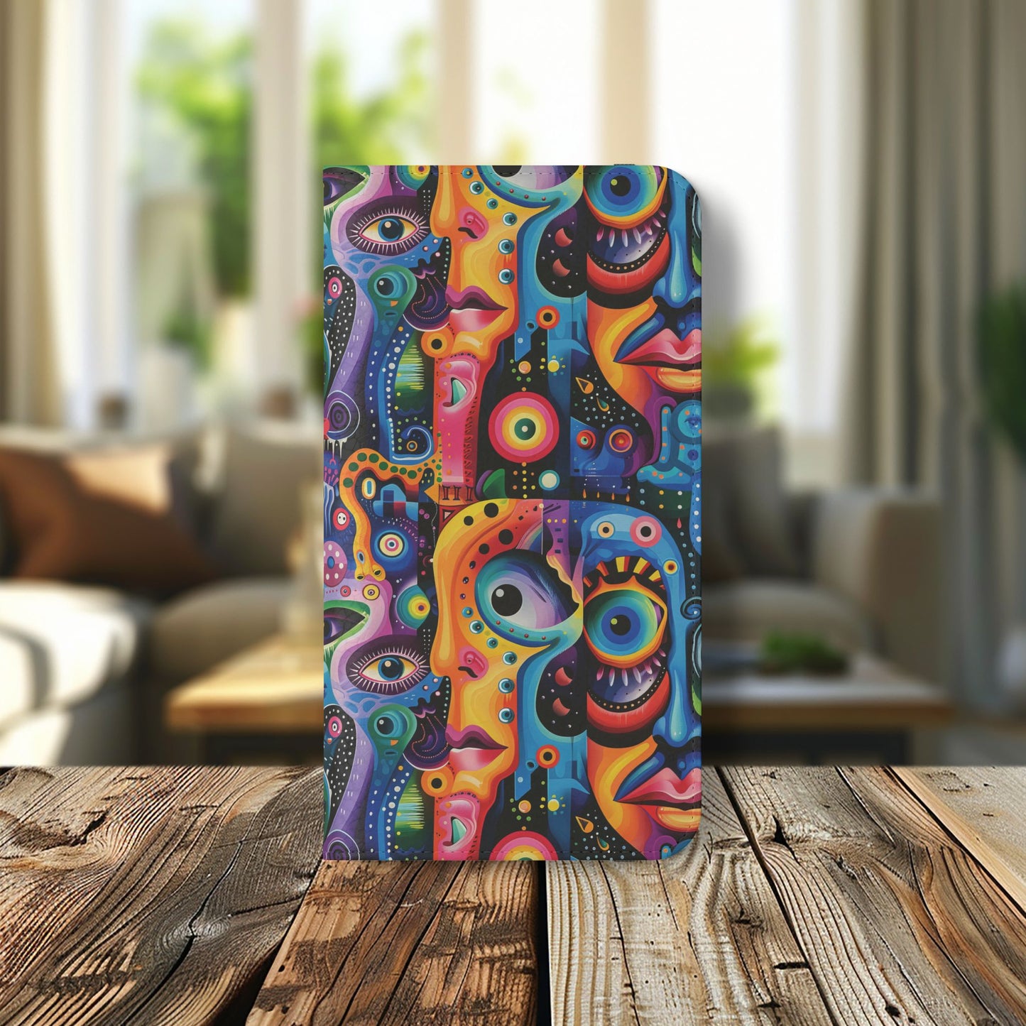 Psychedelic Visions Vibrant Art Flip iPhone and Samsung Phone Case - Colorful Faces Design for Phone Protection