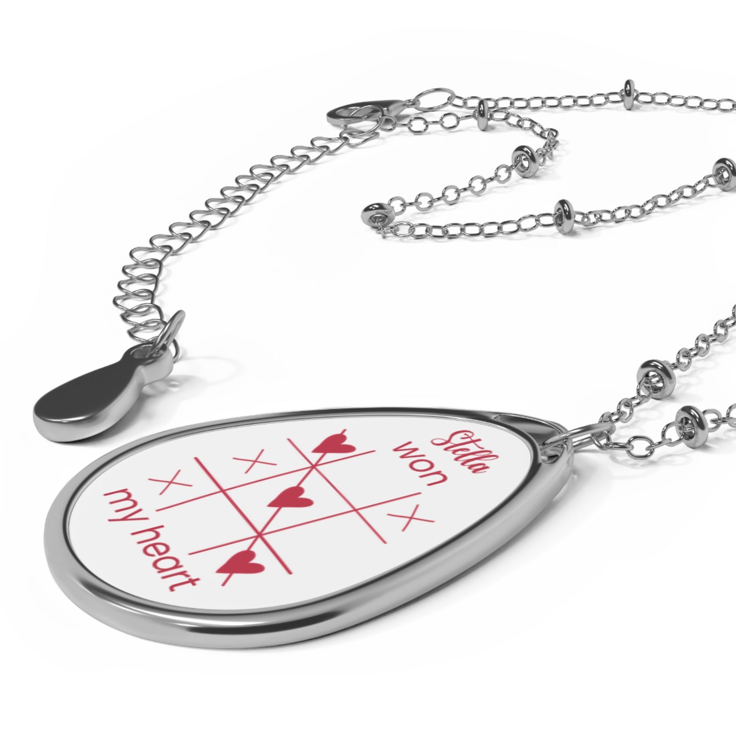 Tic-Tac-Toe Heart Oval Necklace — "Stella won my heart" Engraved Pendant