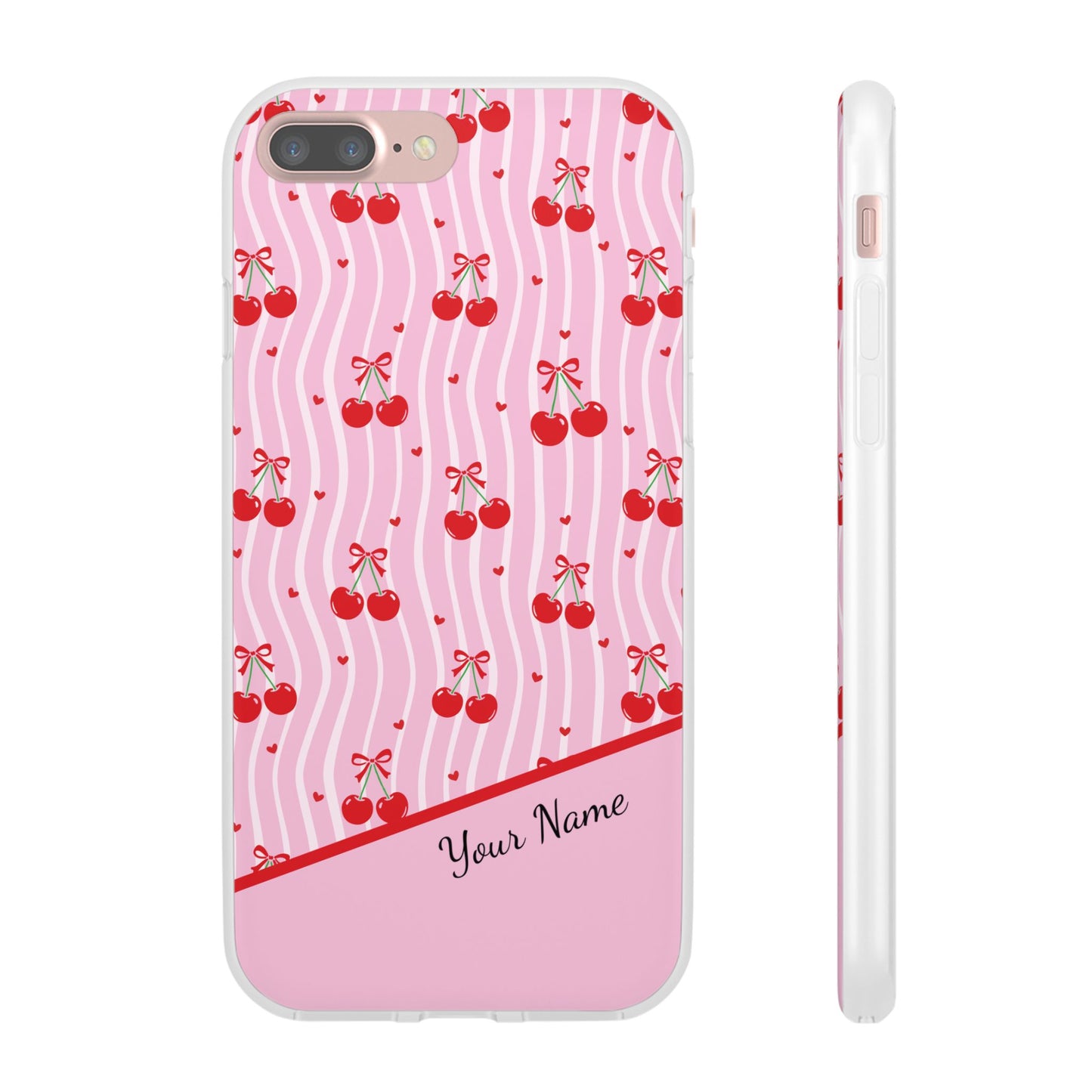 Personalized Cherry Blossom Dreams Flexi Case — Pink Retro Cherry iPhone® 7/8, 11, 12, 13, 14, 15, 16, 17, X/XS, SE, XR, Mini, Pro, Pro Max, Plus Cases.