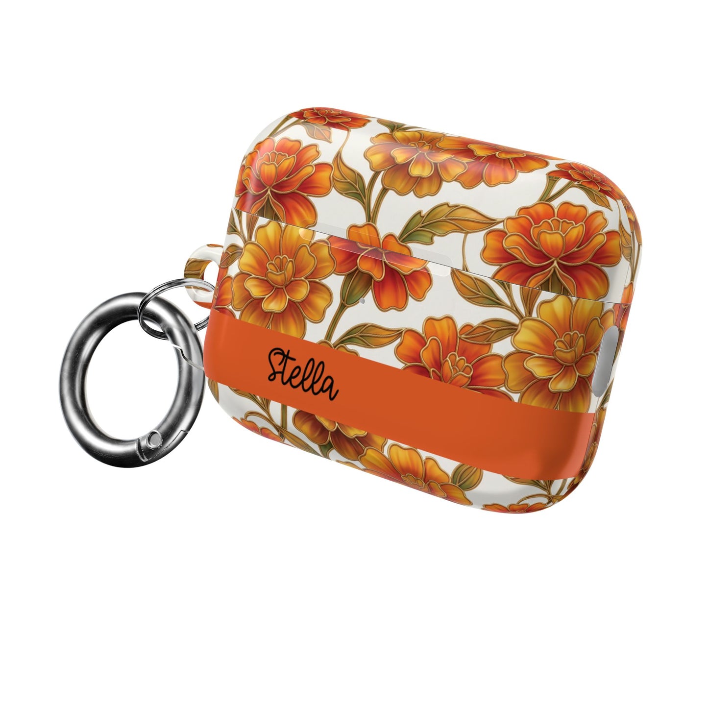 Stained Glass Effect Floral Orange Marigold AirPod Case — Personalized Name Option