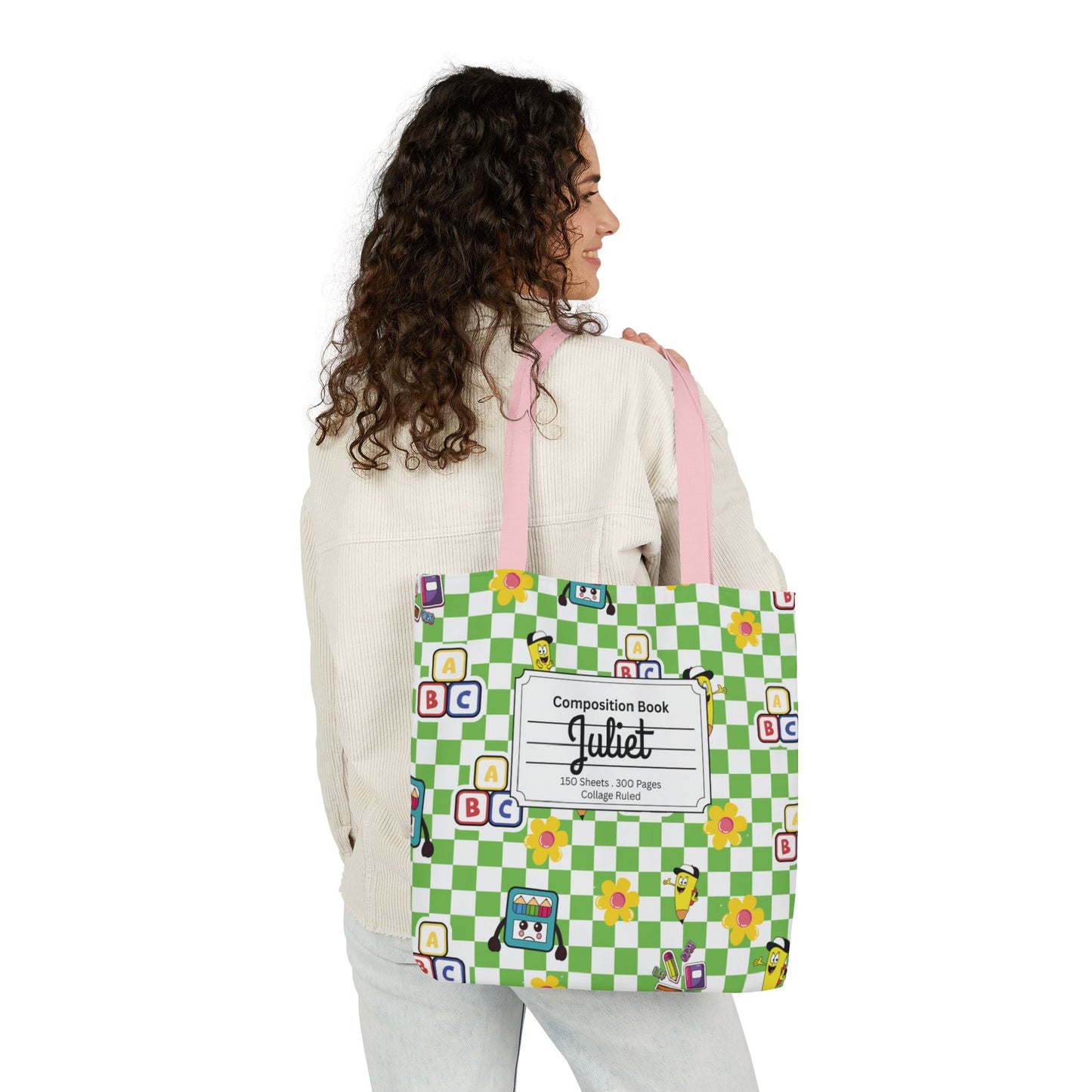 Personalized Green Schoolyard Chic Composition Book Inspired Canvas Tote Bag with Colorful Straps, Cute School Bag, Eco-Friendly Tote, Back to School Shopping Bag, Teacher Gift Idea
