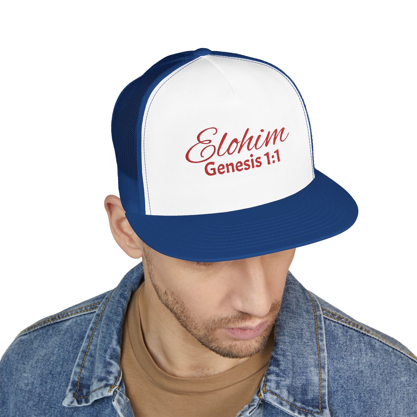Red 'ELOHIM, GENESIS 1:1'  Embroidered 5 Panel Trucker Cap | Casual Style Hat, Adjustable, Unisex, Perfect Gift for Outdoors, Festivals, Daily Wear