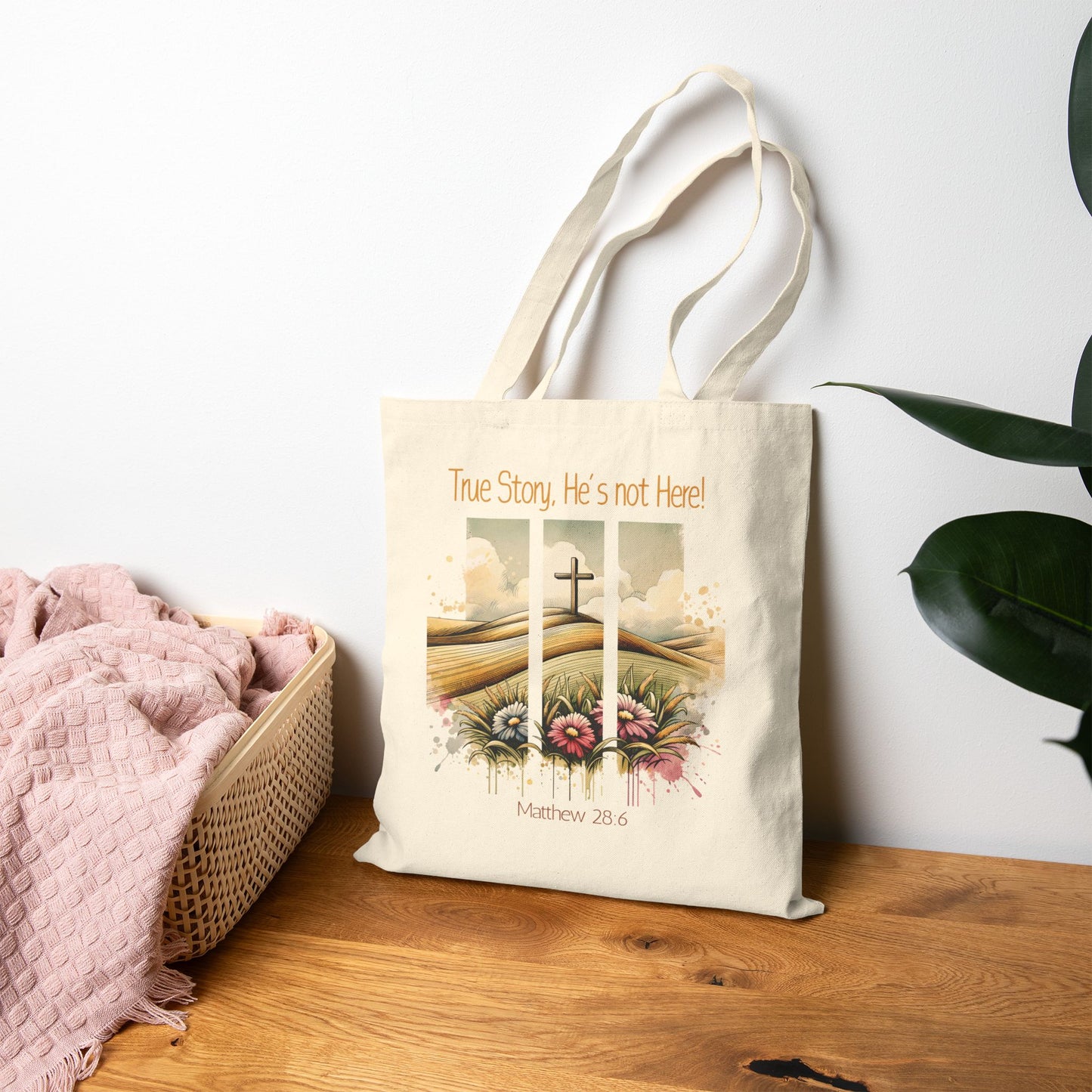 Inspirational Cotton Canvas Tote Bag - 'True Story, He's Not Here!'