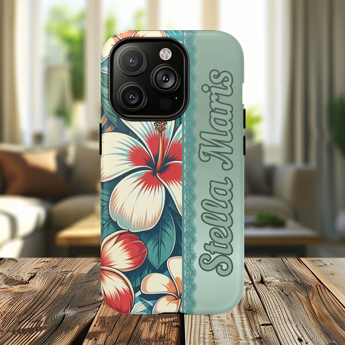 Personalized Tropical Floral Phone Case – Stylish Tough Magnetic Cases for iPhone, Customizable with Names, Perfect Gift for Nature Lovers