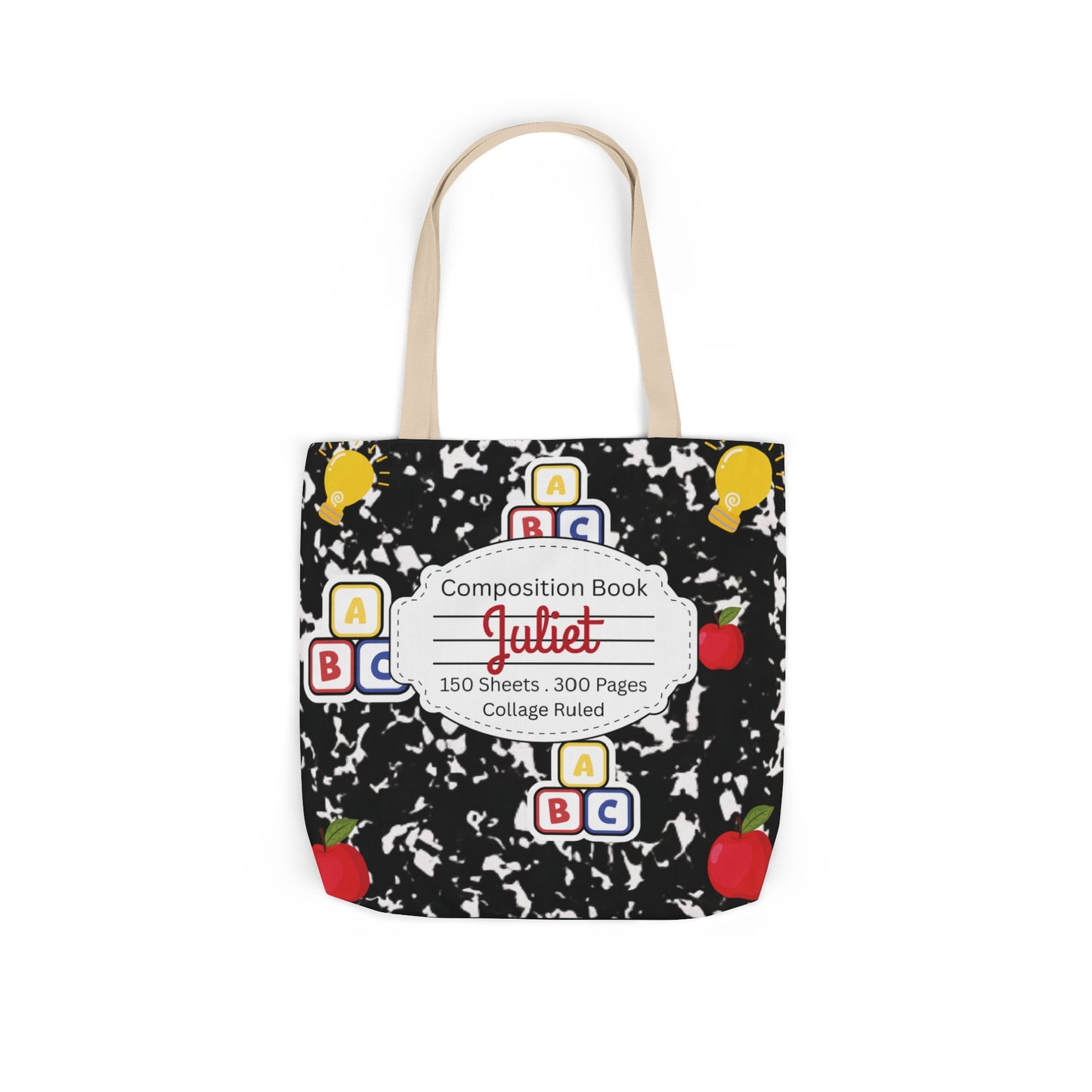 Personalized Black Composition Book Inspired Canvas Tote Bag with Colorful Straps, Cute School Bag, Eco-Friendly Tote, Back to School Shopping Bag, Teacher Gift Idea