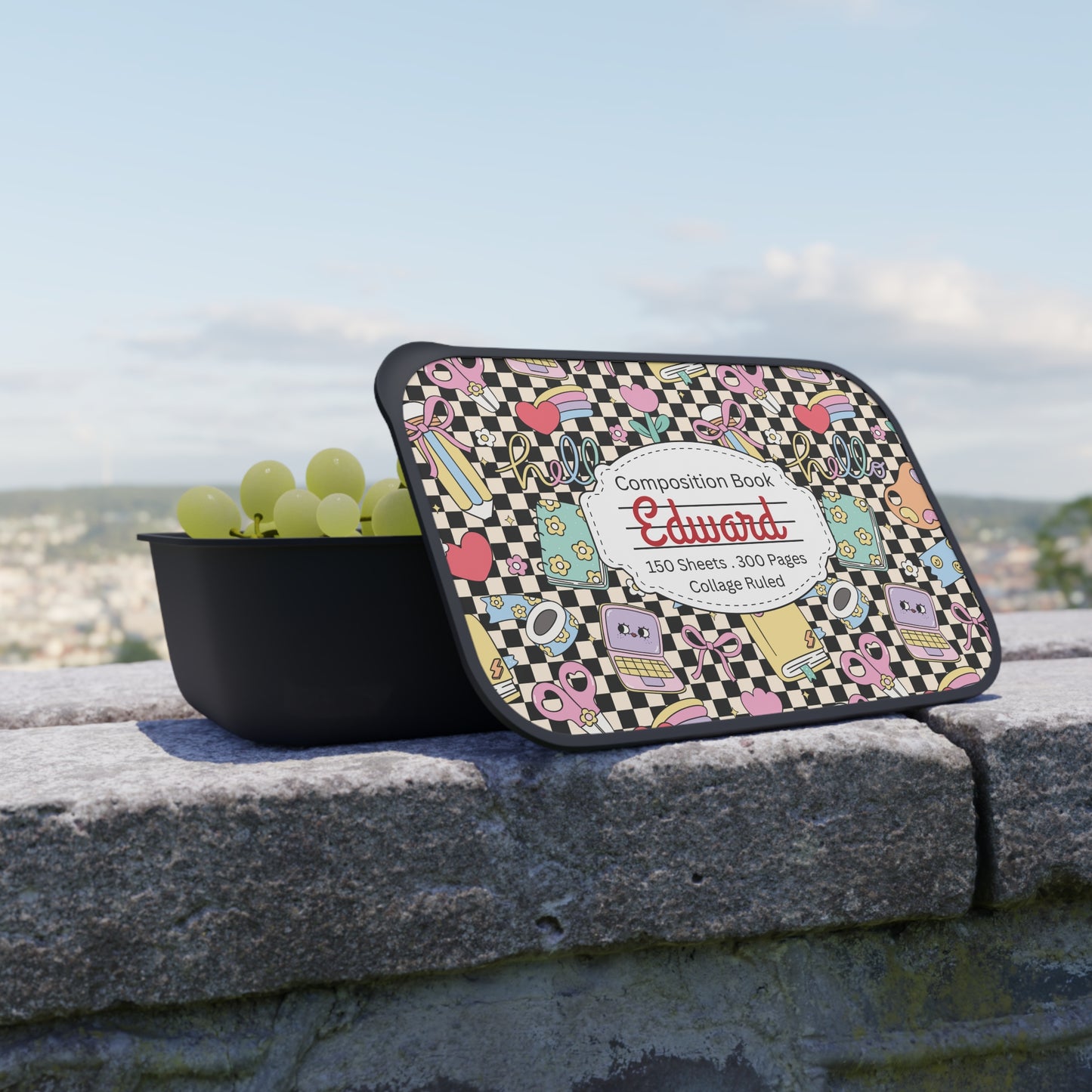 Personalized Black Doodle Daydream Composition Book Inspired Bento Box, Fun Lunch Container, School Lunch, Meal Prep, Kids' Utensils, Back to School, Child's Lunchbox