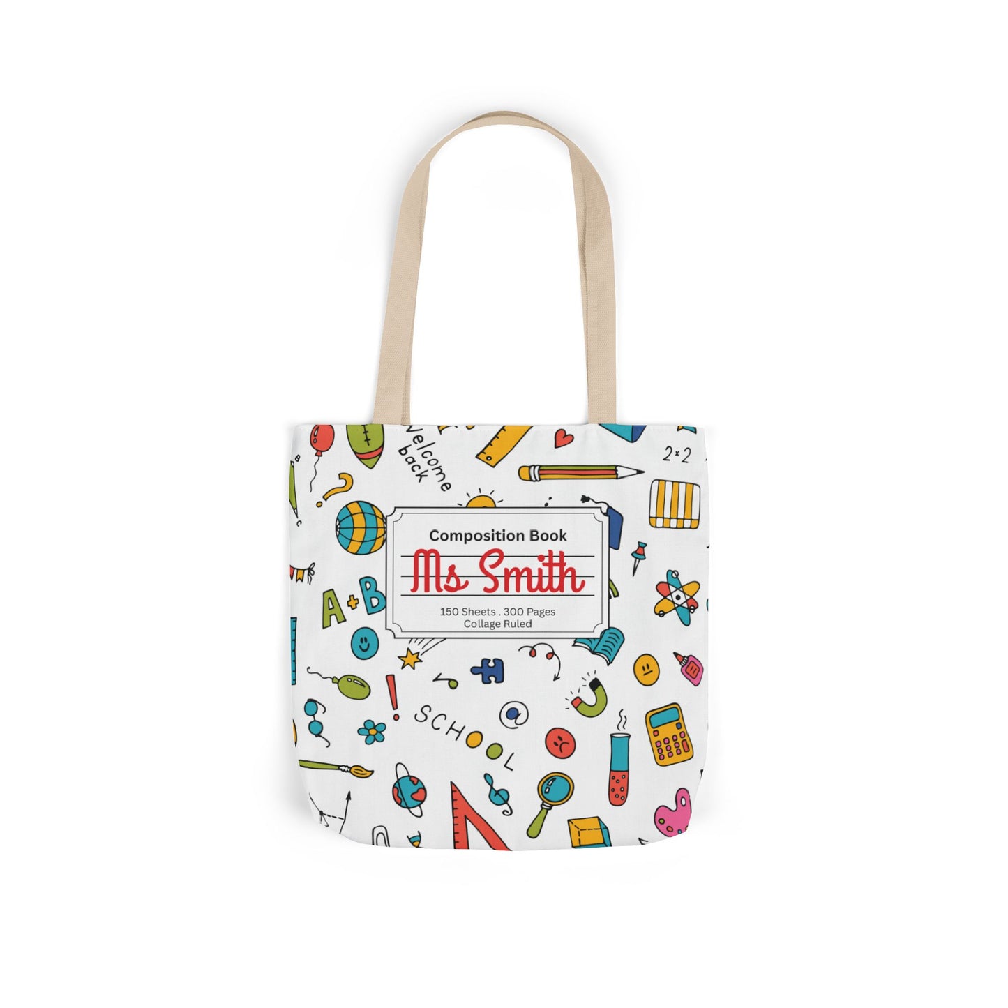 Personalized Classroom Couture Composition Book Inspired Canvas Tote Bag with Colorful Straps, Cute School Bag, Eco-Friendly Tote, Back to School Shopping Bag, Teacher Gift Idea