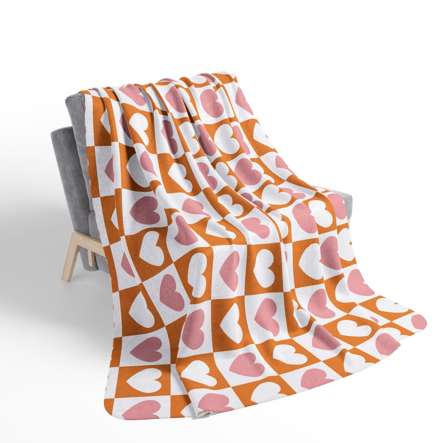Retro Heart Check Fleece Throw (Pink & Peach) Sherpa Blanket — Gift for Her and Gift for Him