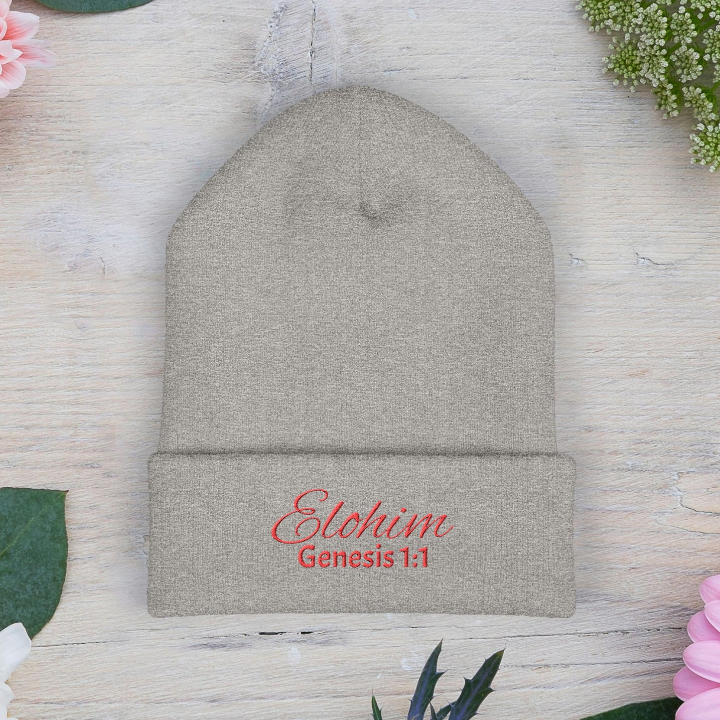 Red Embroidered 'ELOHIM, GENESIS 1:1' Classic Cuffed Beanie - Cozy Winter Hat, Streetwear Accessory, Personalized Gifts, Religious Apparel, Unisex Beanie
