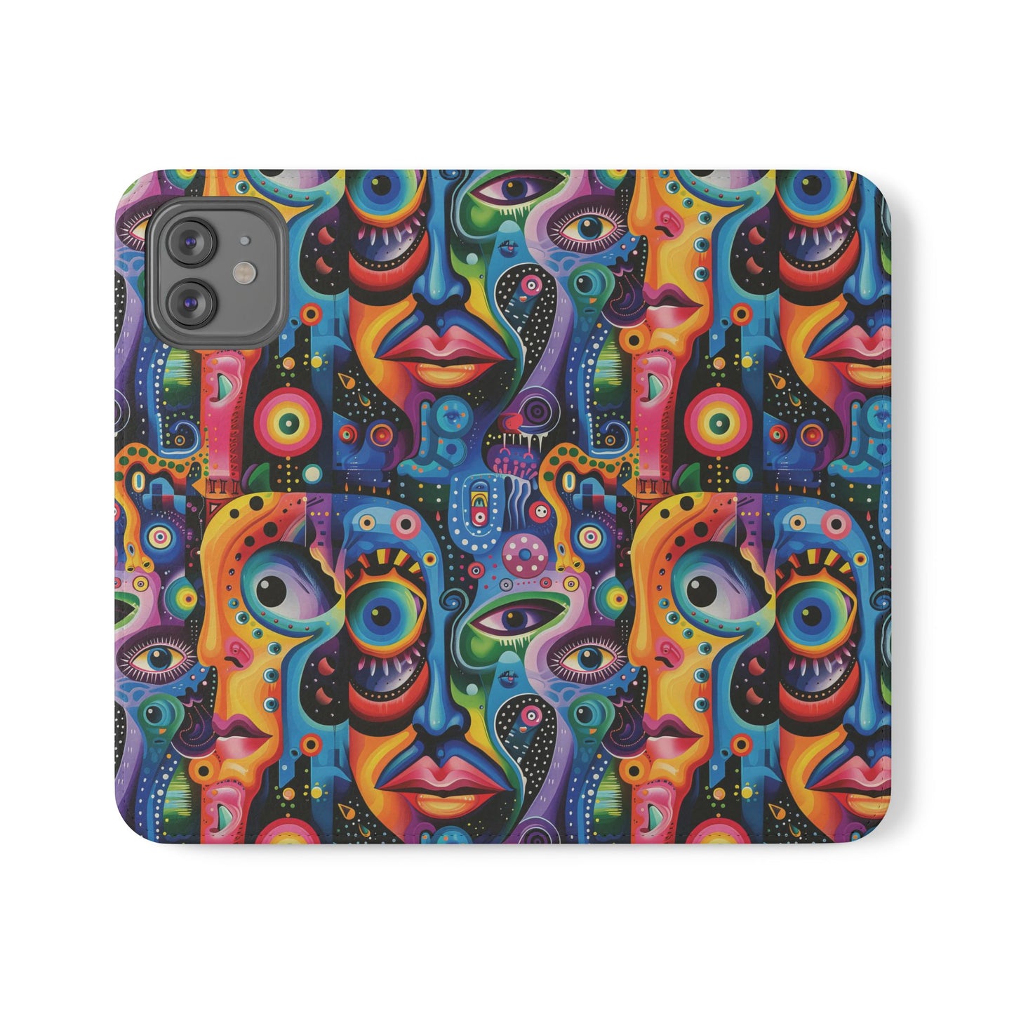 Psychedelic Visions Vibrant Art Flip iPhone and Samsung Phone Case - Colorful Faces Design for Phone Protection