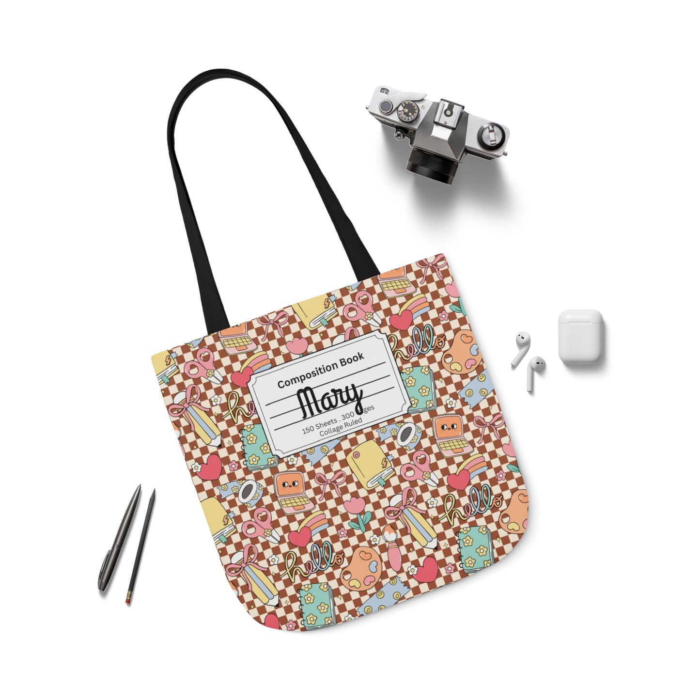 Personalized Brown Doodle Daydream Composition Book Inspired Canvas Tote Bag with Colorful Straps, Cute School Bag, Eco-Friendly Tote, Back to School Shopping Bag, Teacher Gift Idea
