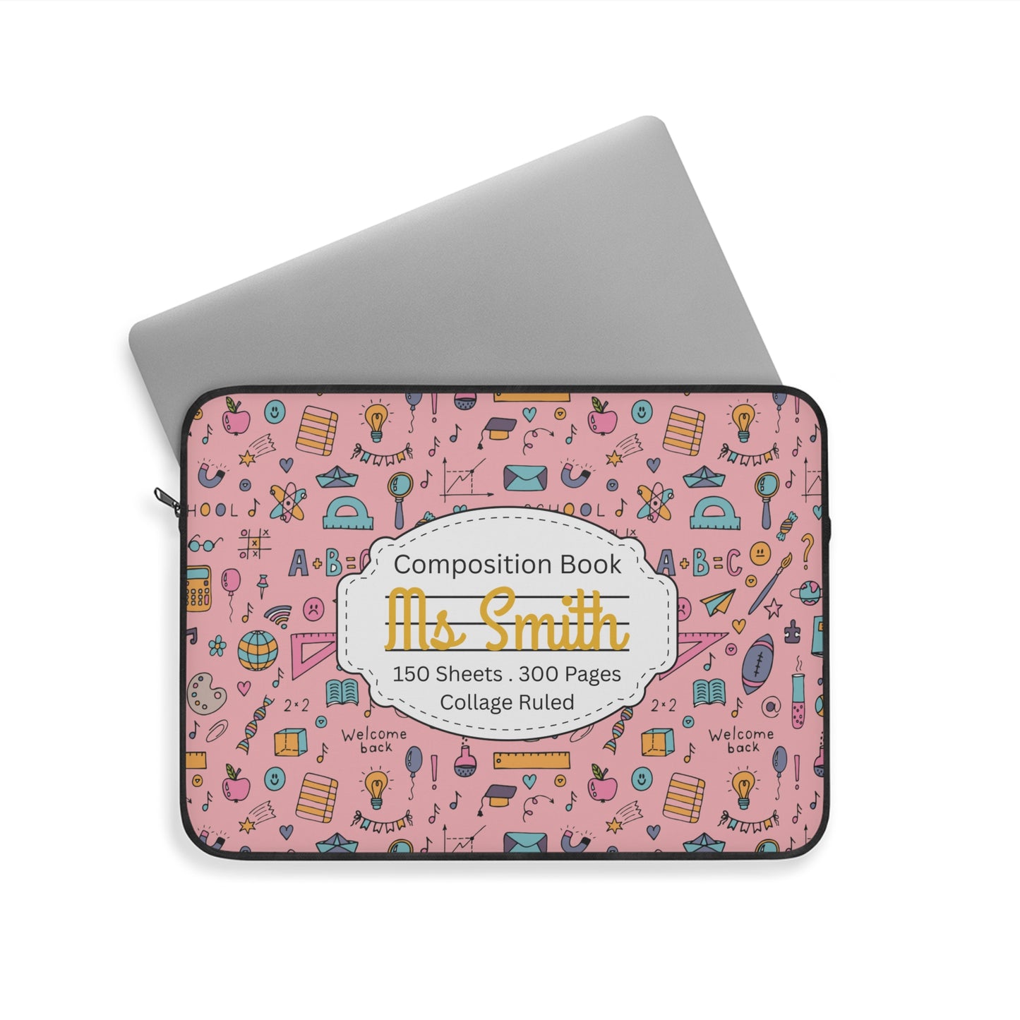 Personalized Pink Chalkboard Chic Laptop Sleeve with Composition Book Inspired Design, Educational Gift for Teachers, Classroom Organization, Back to School, Unique Teacher Accessory