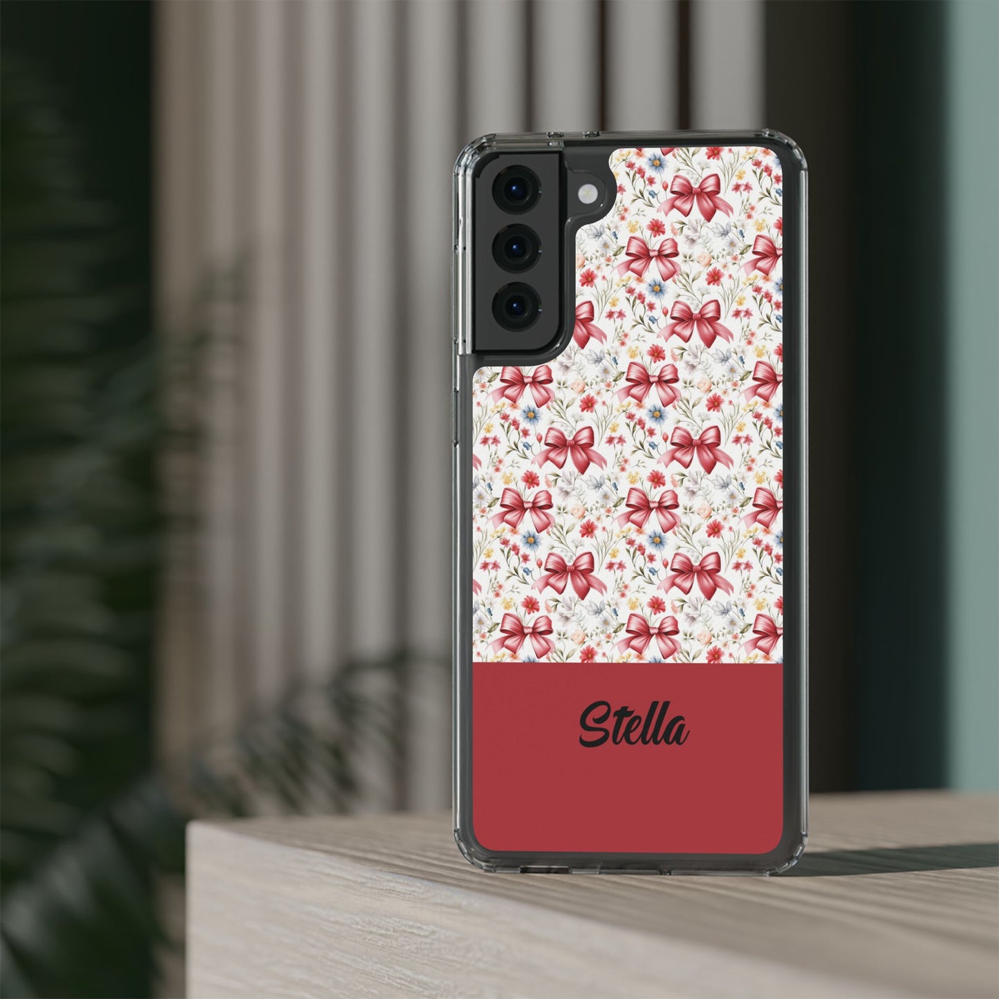 Personalized Rosette Coquette Floral Bow Clear iPhone, Samsung Cases — Custom Name Phone Cover