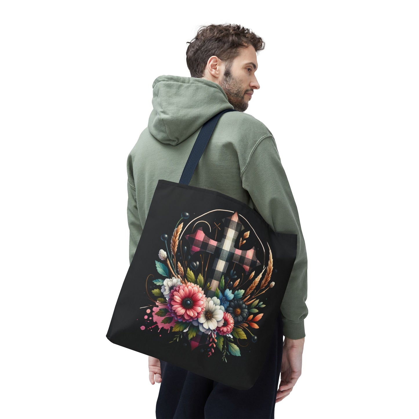 Faith and Floral Cross Heart Tote Bag