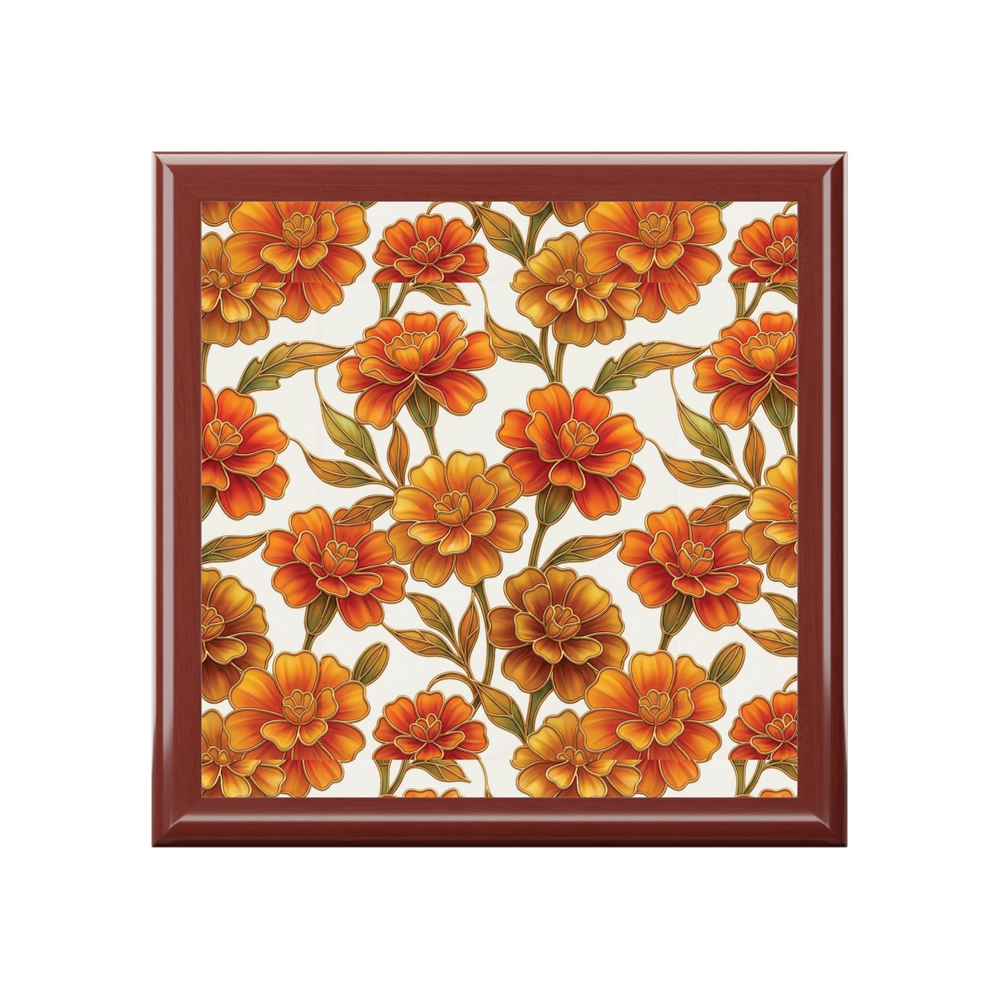 Stained Glass Marigold Floral Jewelry Box —  Keepsake Box