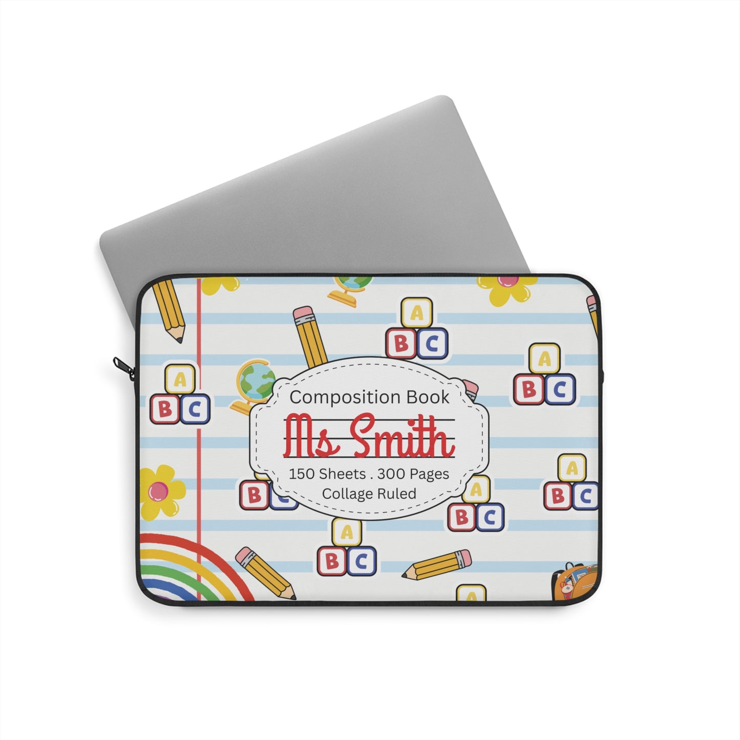 Personalized White SchoolYard Chic Laptop Sleeve with Composition Book Inspired Design, Educational Gift for Teachers, Classroom Organization, Back to School, Unique Teacher Accessory