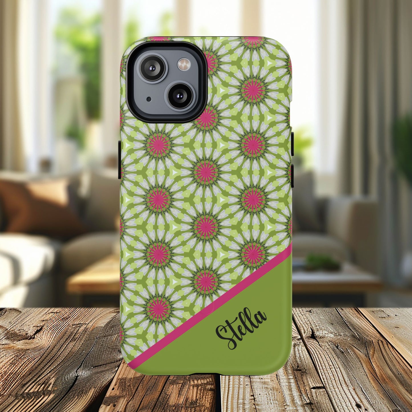 Personalized Meadow Mandala Bloom Vibrant Flower  — Green & Pink Geometric Daisy Design