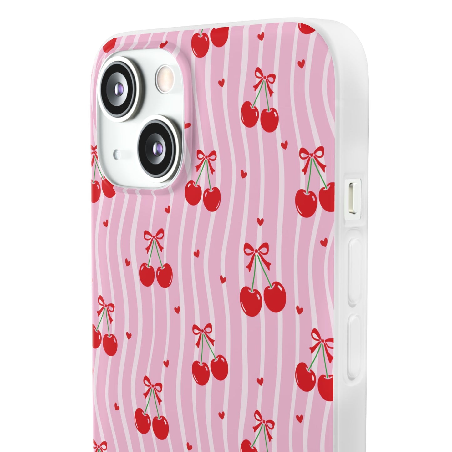Personalized Cherry Blossom Dreams Flexi Case — Pink Retro Cherry iPhone® 7/8, 11, 12, 13, 14, 15, 16, 17, X/XS, SE, XR, Mini, Pro, Pro Max, Plus Cases.