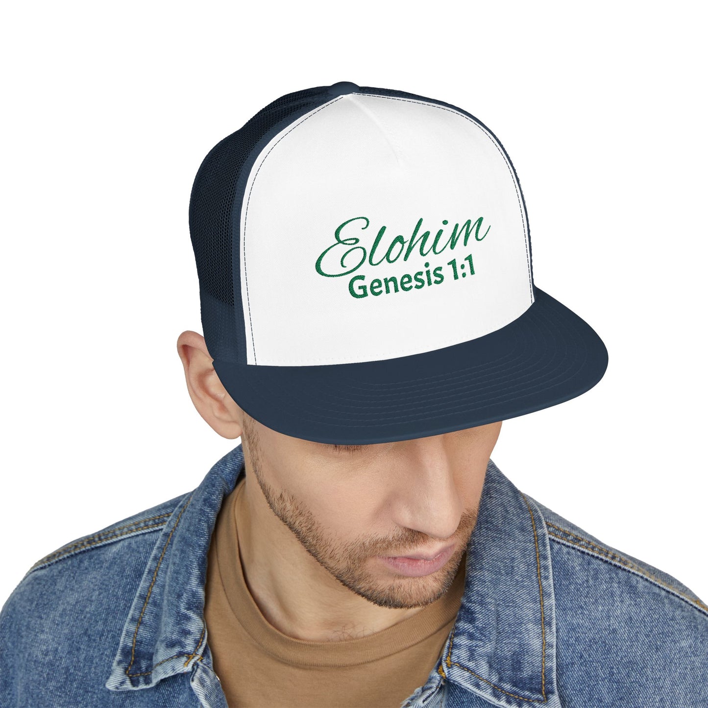 Green 'ELOHIM, GENESIS 1:1'  Embroidered 5 Panel Trucker Cap | Casual Style Hat, Adjustable, Unisex, Perfect Gift for Outdoors, Festivals, Daily Wear
