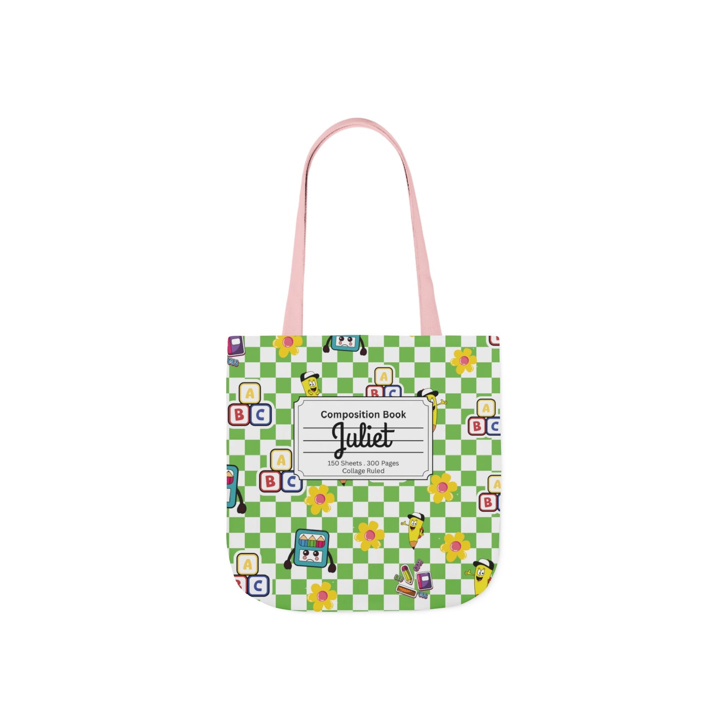 Personalized Green Schoolyard Chic Composition Book Inspired Canvas Tote Bag with Colorful Straps, Cute School Bag, Eco-Friendly Tote, Back to School Shopping Bag, Teacher Gift Idea