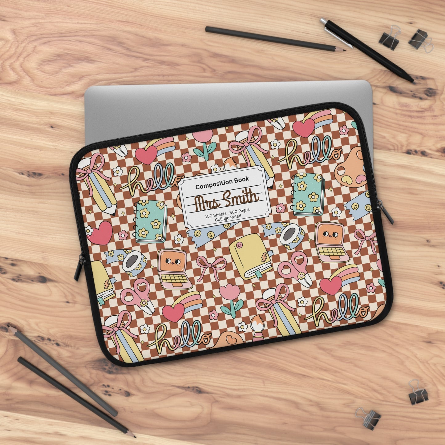 Personalized Brown Doodle Daydream Laptop Sleeve with Composition Book Inspired Design, Customizable Tech Case, School Supplies, Gift for Students, College Essentials, Back to School