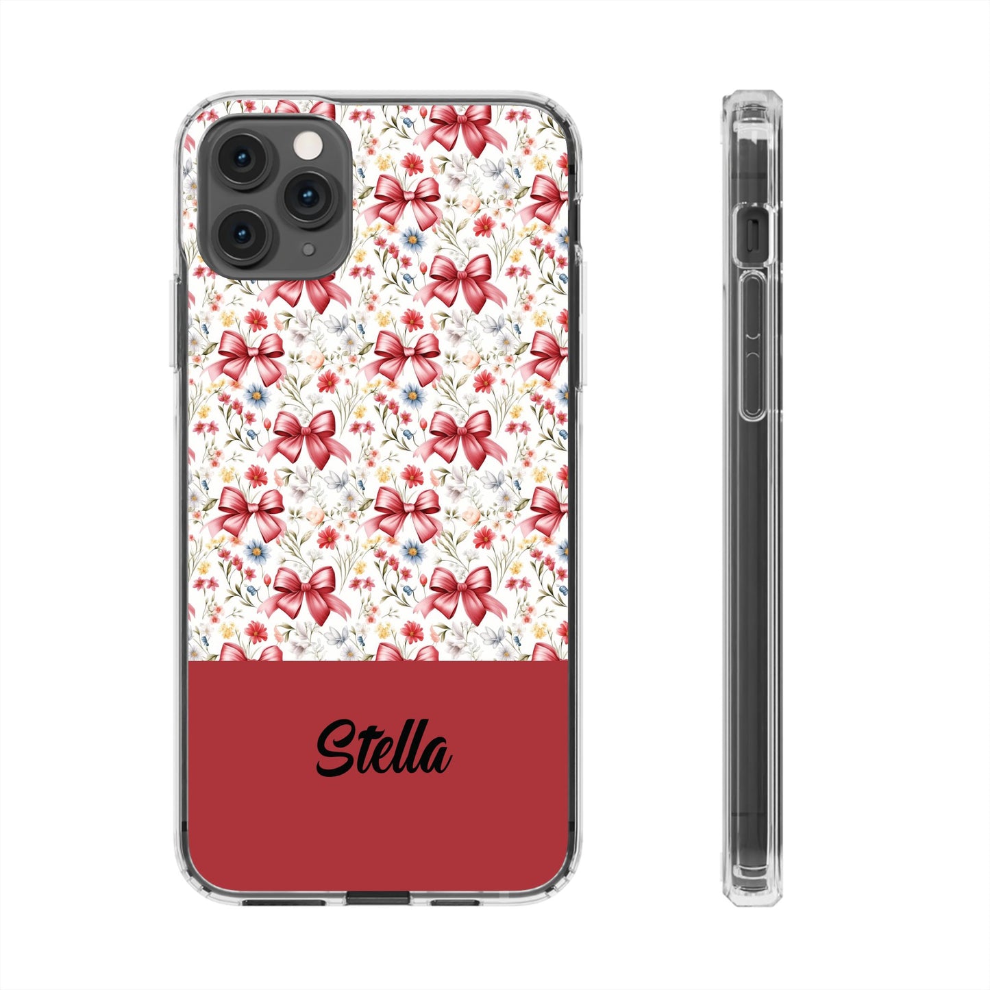 Personalized Rosette Coquette Floral Bow Clear iPhone, Samsung Cases — Custom Name Phone Cover