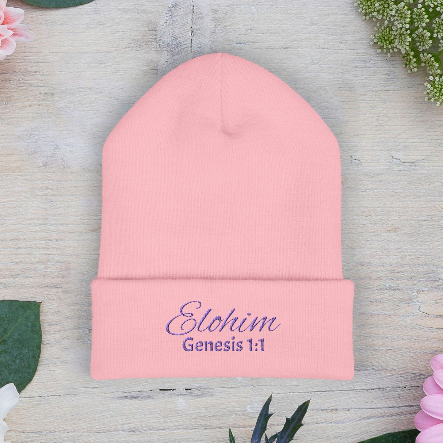 Purple Embroidered 'ELOHIM, GENESIS 1:1' Classic Cuffed Beanie - Cozy Winter Hat, Streetwear Accessory, Personalized Gifts, Religious Apparel, Unisex Beanie