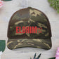Red Camouflage Embroidered Trucker Hat with 'ELOHIM, GENESIS 1:1', Casual Style Hat, Adjustable, Unisex, Perfect Gift for Outdoors, Festivals, Daily Wear.