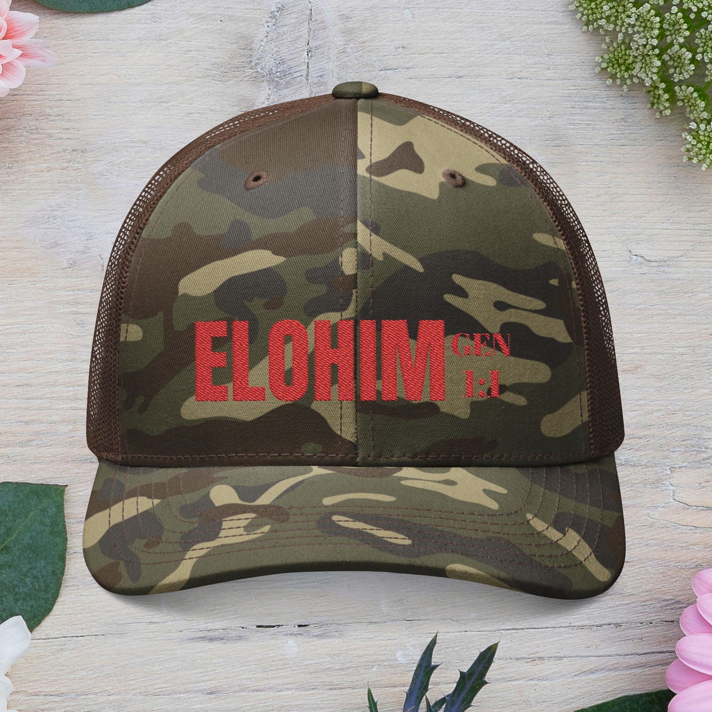 Red Camouflage Embroidered Trucker Hat with 'ELOHIM, GENESIS 1:1', Casual Style Hat, Adjustable, Unisex, Perfect Gift for Outdoors, Festivals, Daily Wear.