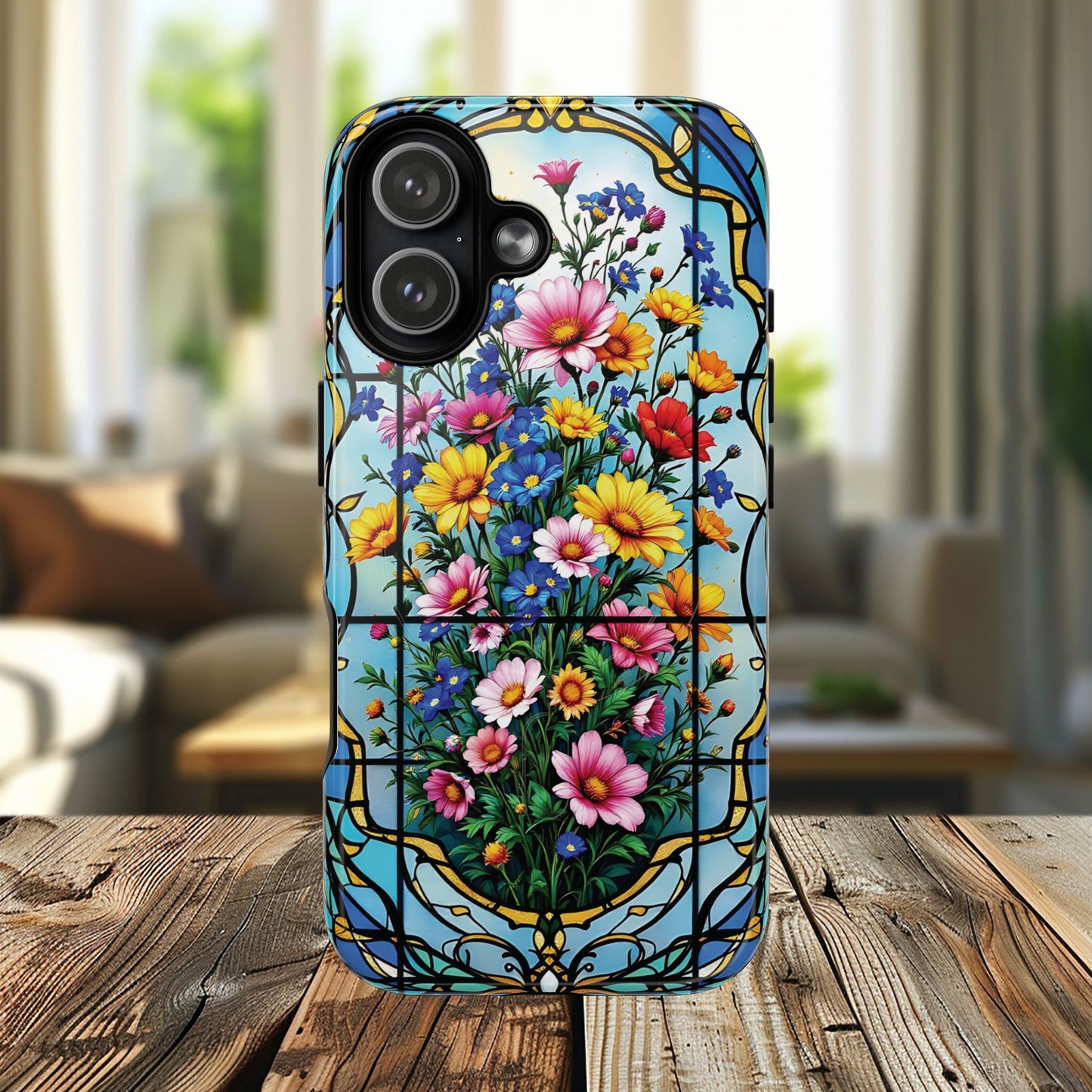 Floral Stained Glass Tough Magnetic Case, Durable Phone Cover, Gift for Nature Lovers, Unique Floral Design, Phone Accessories for All Occasions.