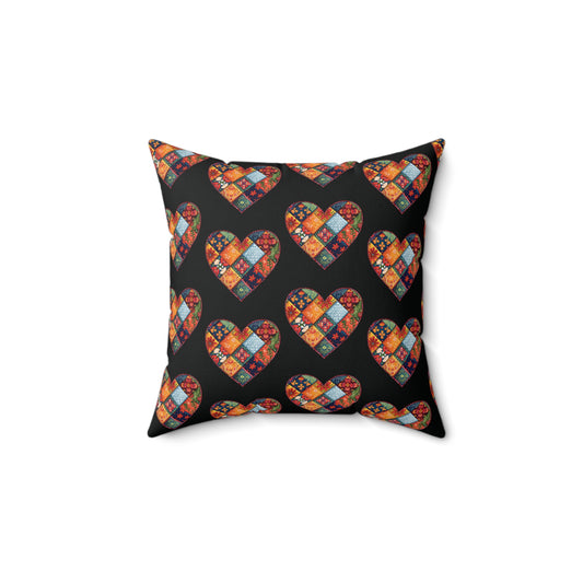 Black Patchwork Heart Spun Polyester Square Pillow