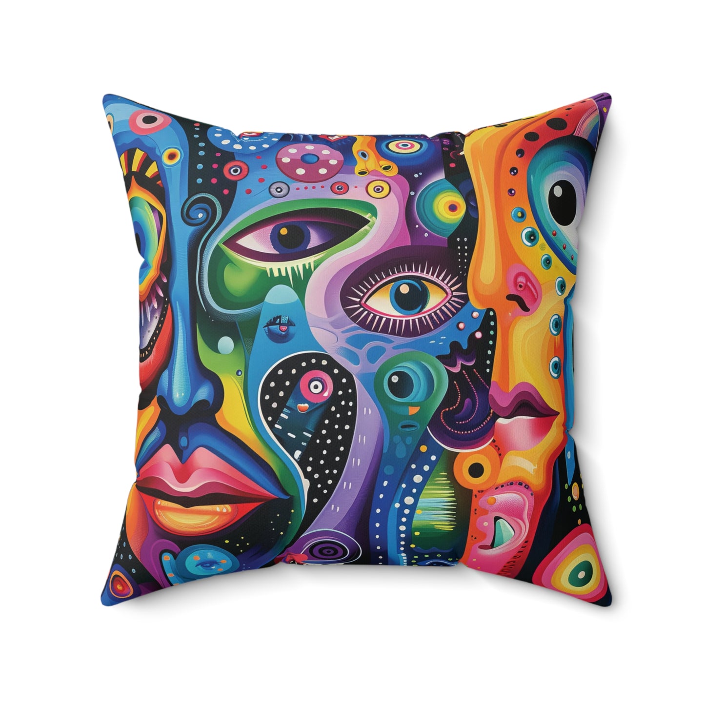 Psychedelic Visions Colorful Artistic Square Pillow | Vibrant Abstract Faces & Patterns Decor.
