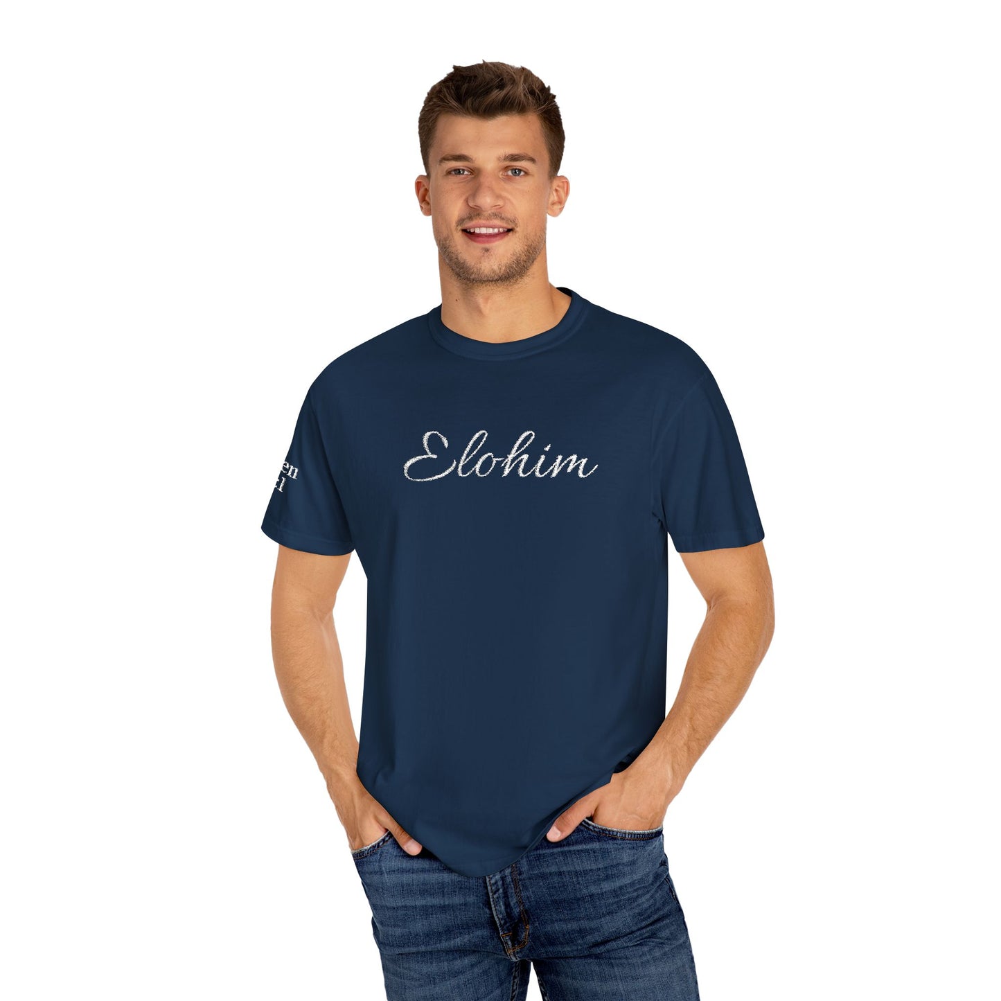 Embroidery 'ELOHIM, GENESIS 1:1' - Faith-Based Unisex Garment-Dyed Comfort Colors T-shirt, Faith Gift Tee, Religious Tee, Embroidery Tee.