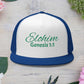 Green 'ELOHIM, GENESIS 1:1'  Embroidered 5 Panel Trucker Cap | Casual Style Hat, Adjustable, Unisex, Perfect Gift for Outdoors, Festivals, Daily Wear