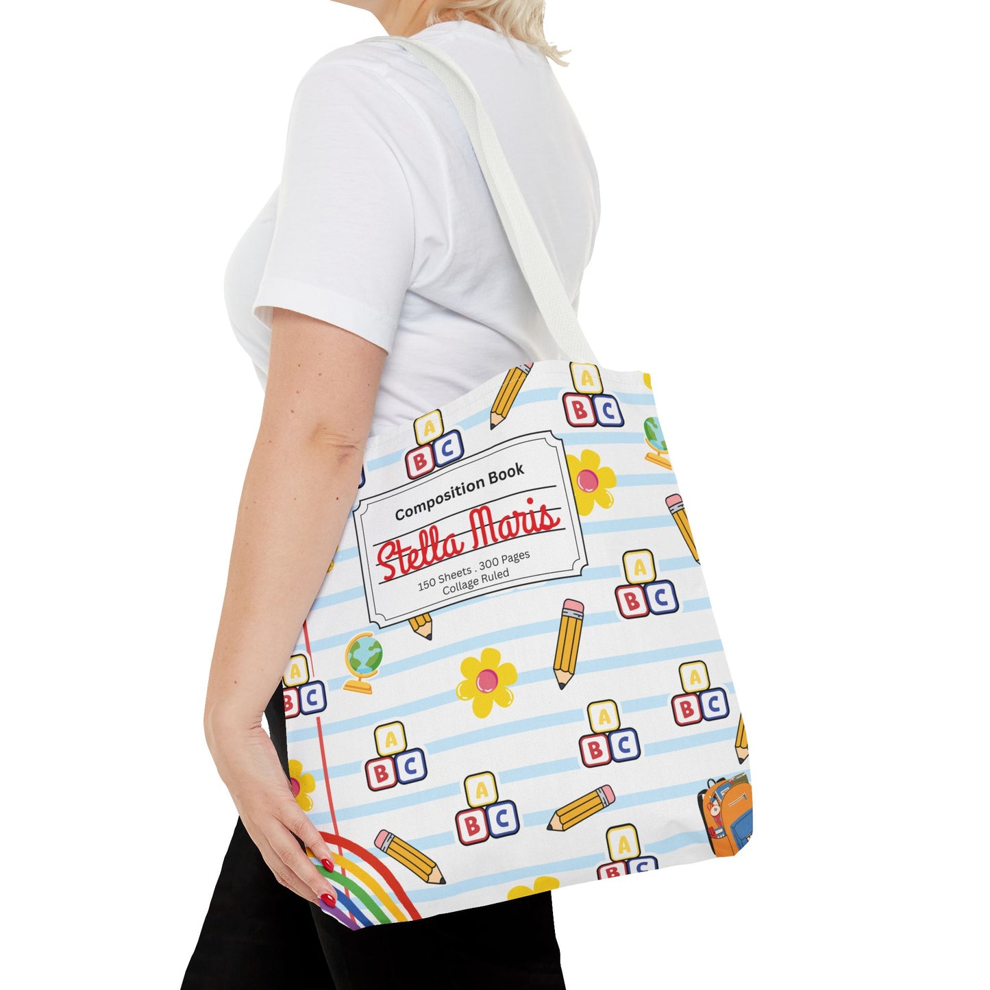 Personalized White SchoolYard Chic Composition Book Inspired Tote Bag, Back to School Tote, Teacher Gift, Kids Bag, Custom Name Bag, Educational Accessories, Back to School Tote Bag.