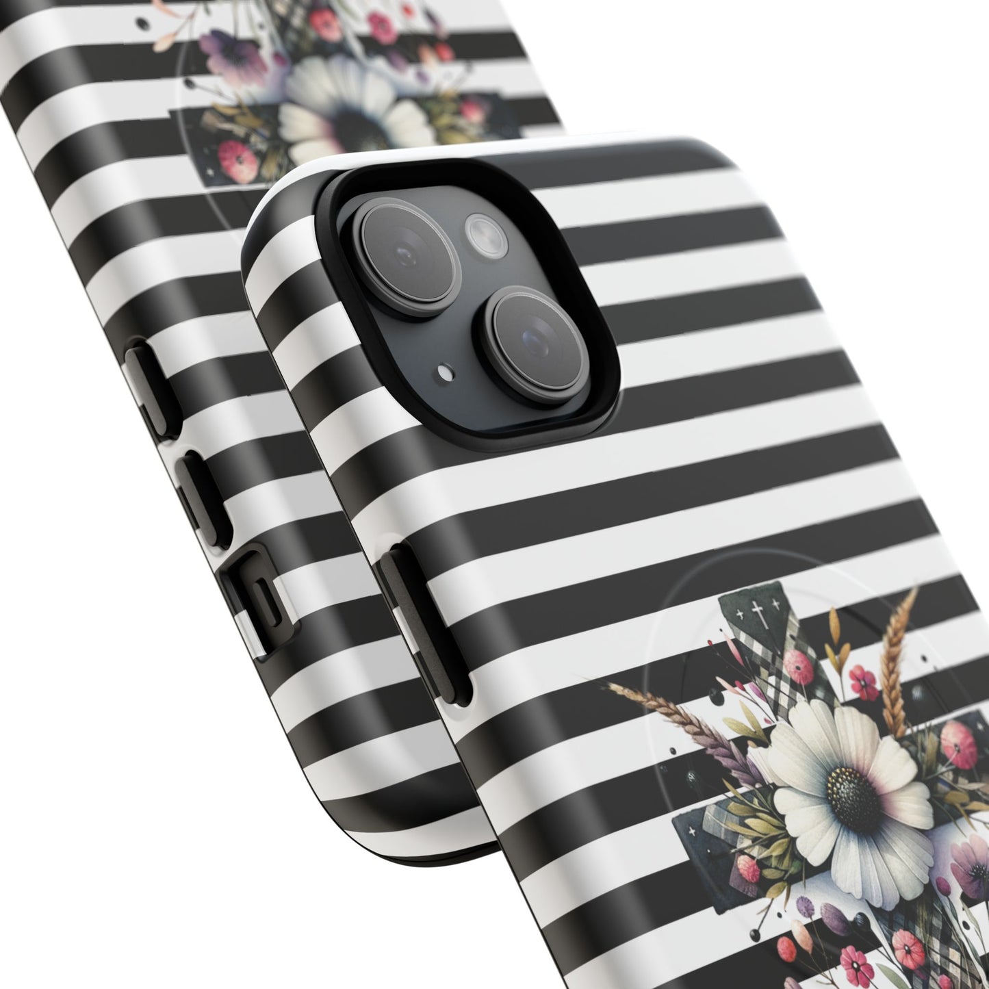 Faith in Bloom Tough iPhone Magnetic Case, iPhone Accessories, Floral iPhone Cover, Durable Cases for Gifts, Black and White Stripes