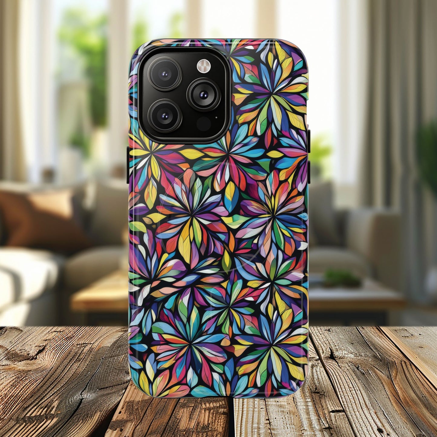 Prism Petal Burst Tough Magnetic iPhone Case, Colorful iPhone Case, Unique Gift for Flower Lovers, Stylish stained Glass Accessory