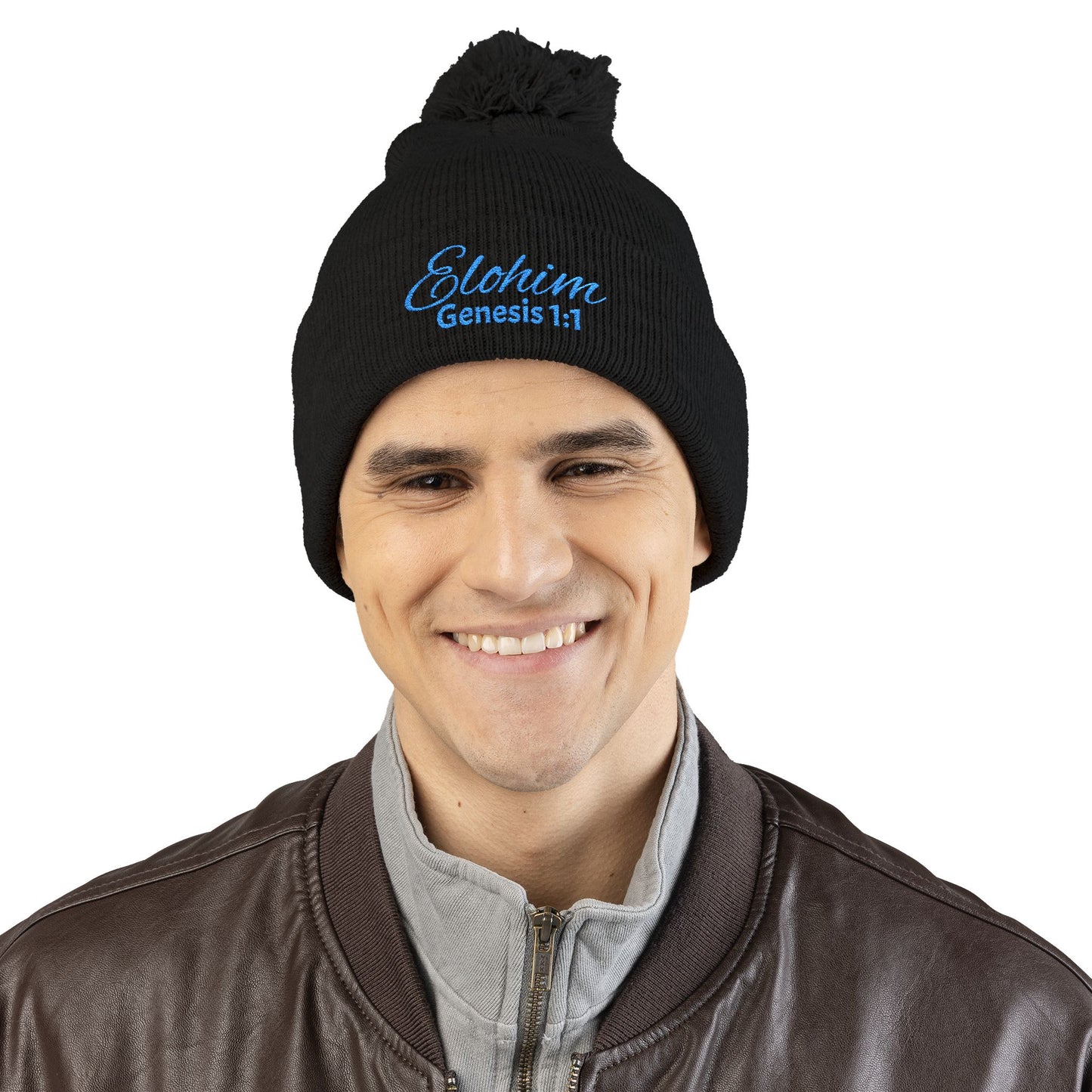 Pom-Pom Knit Cap with 'ELOHIM, GENESIS 1:1'  Embroidery Beanie - Stylish Winter Accessory for All Ages, Perfect Gift for Birthdays, Holidays, and Outdoor Activities
