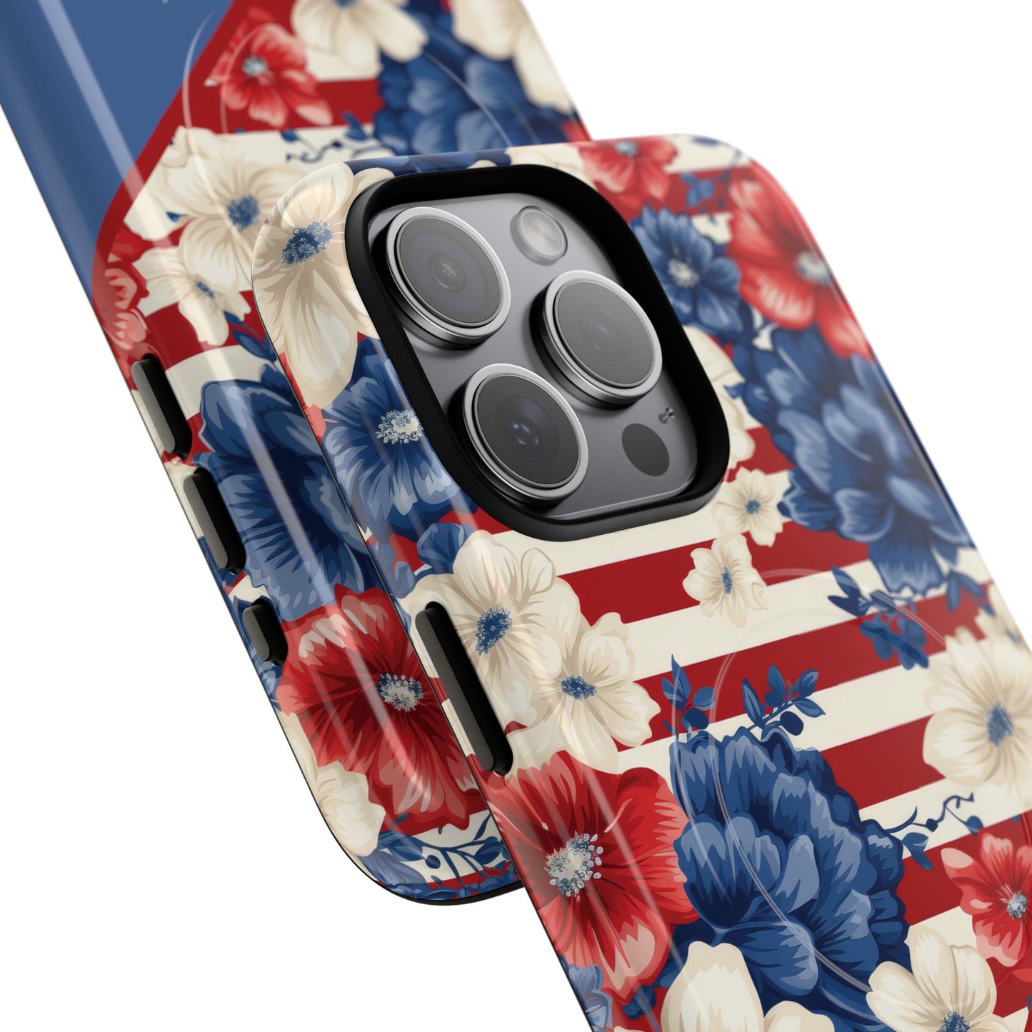 Personalized Stars, Stripes & Petals Tough Magnetic MagSafe Case, Patriotic Cover, Floral Design, Durable Protection, Gift for Her, Summer Vibes