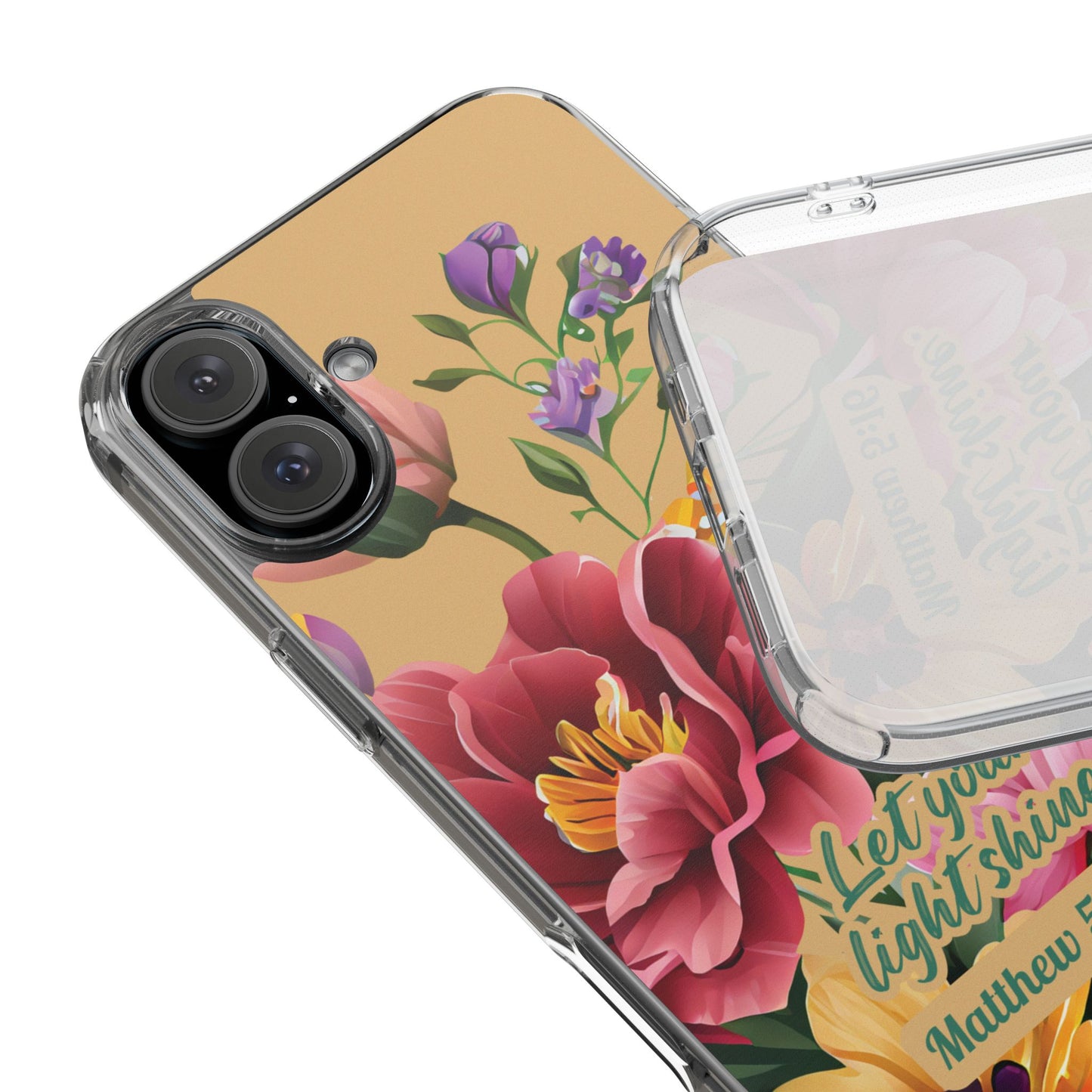 Clear Floral Bible Verse Phone Case — "Let Your Light Shine" (Matthew 5:16) for iPhone and Samsung Cases.