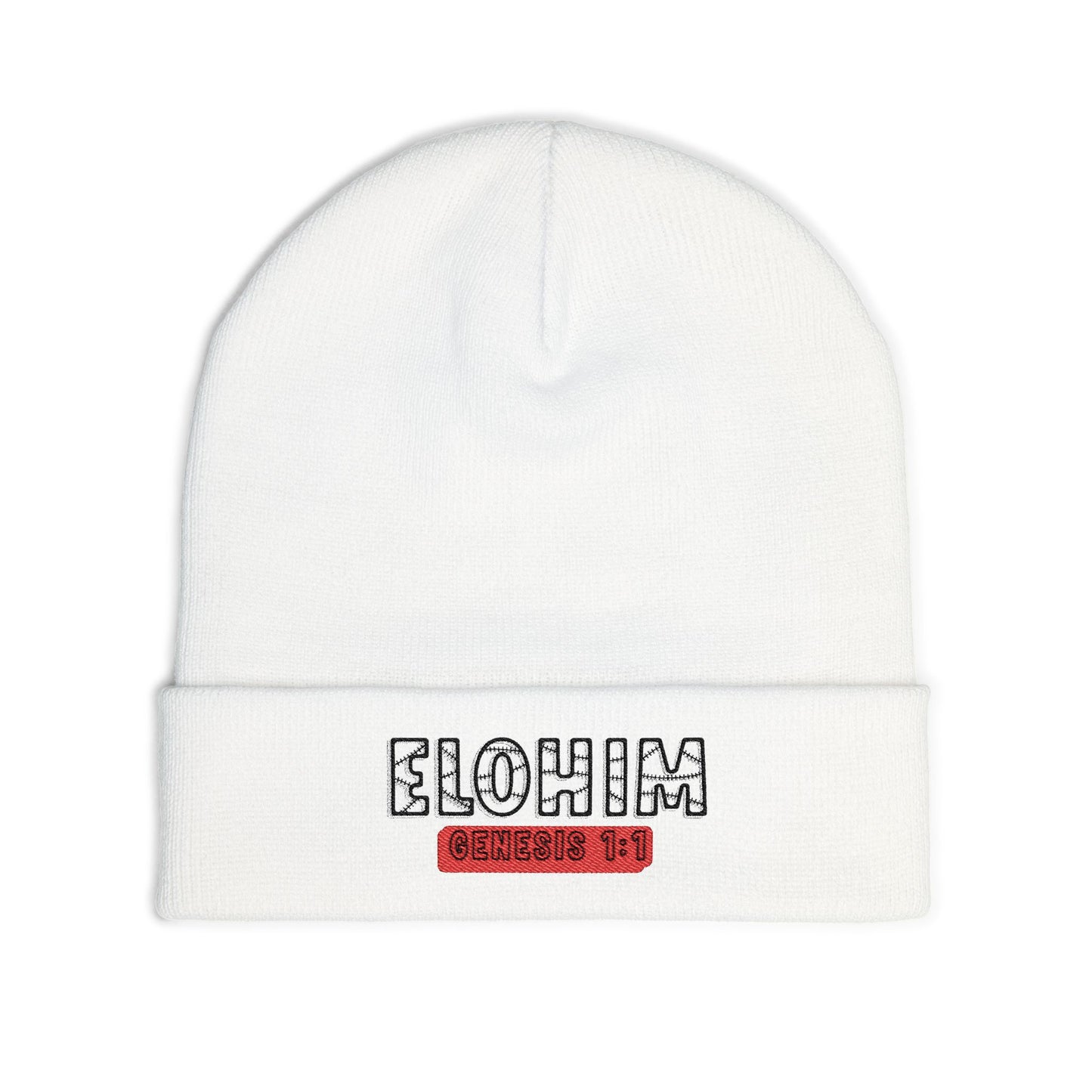 Stylish Knit Beanie with 'ELOHIM, Genesis 1:1' Embroidery, Winter Accessory, Religious Gift, Cozy Beanie Cap, Faith-Inspired Fashion